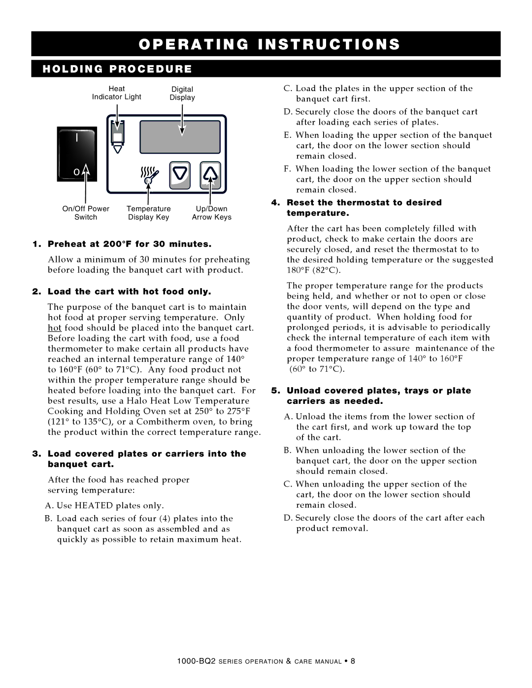 Alto-Shaam 1000-BQ2/96, 1000-BQ2/192, 1000-BQ2/128 manual Operating Instructions, Holding Procedure 