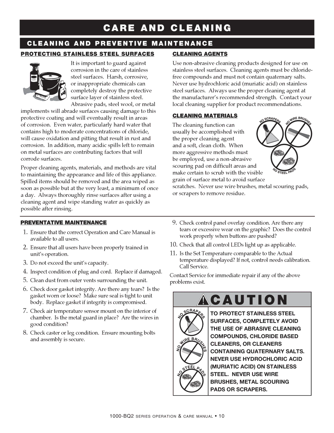 Alto-Shaam 1000-BQ2/192, 1000-BQ2/96, 1000-BQ2/128 manual Care and Cleaning, Cleaning and Preventive Maintenance 