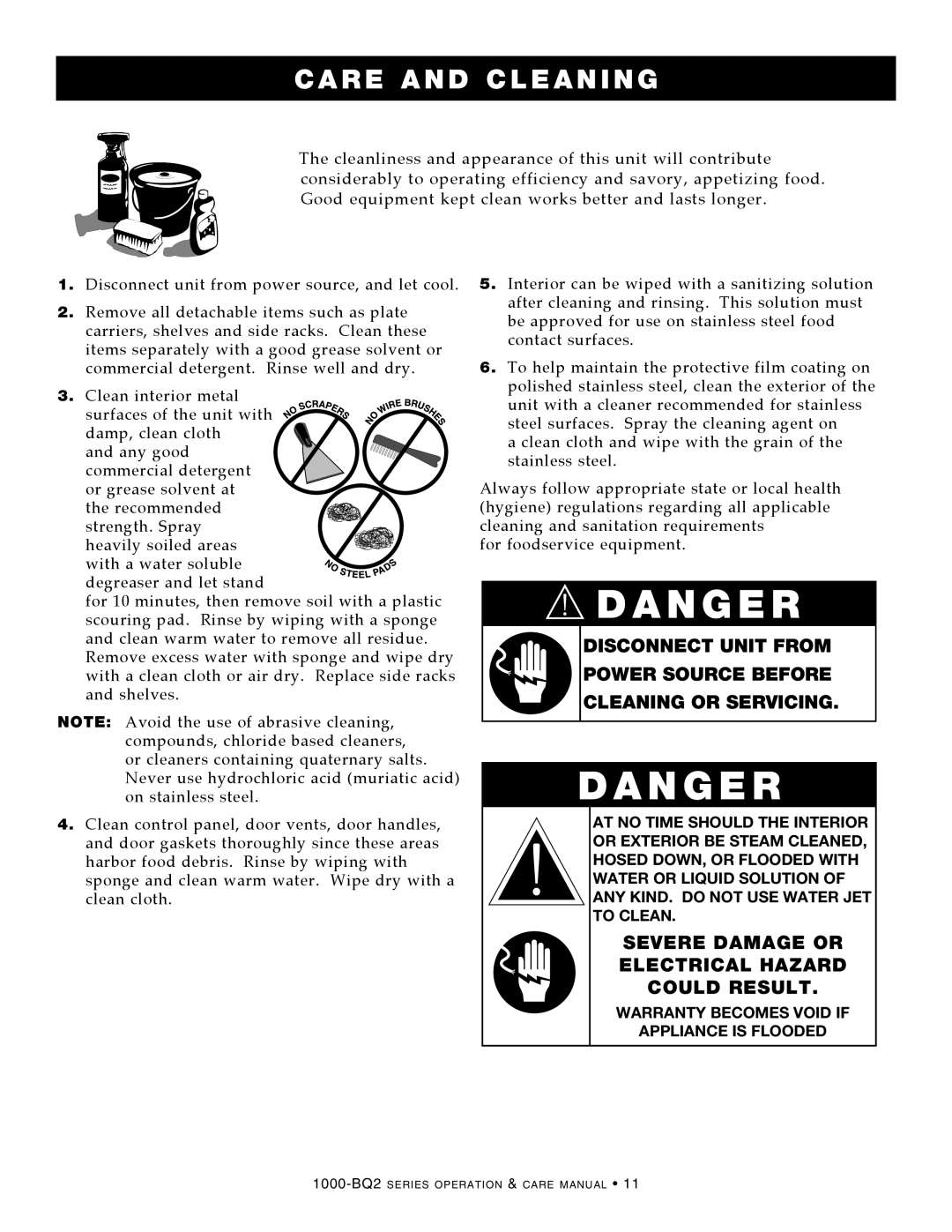 Alto-Shaam 1000-BQ2/96, 1000-BQ2/192, 1000-BQ2/128 manual Severe Damage or Electrical Hazard Could Result 