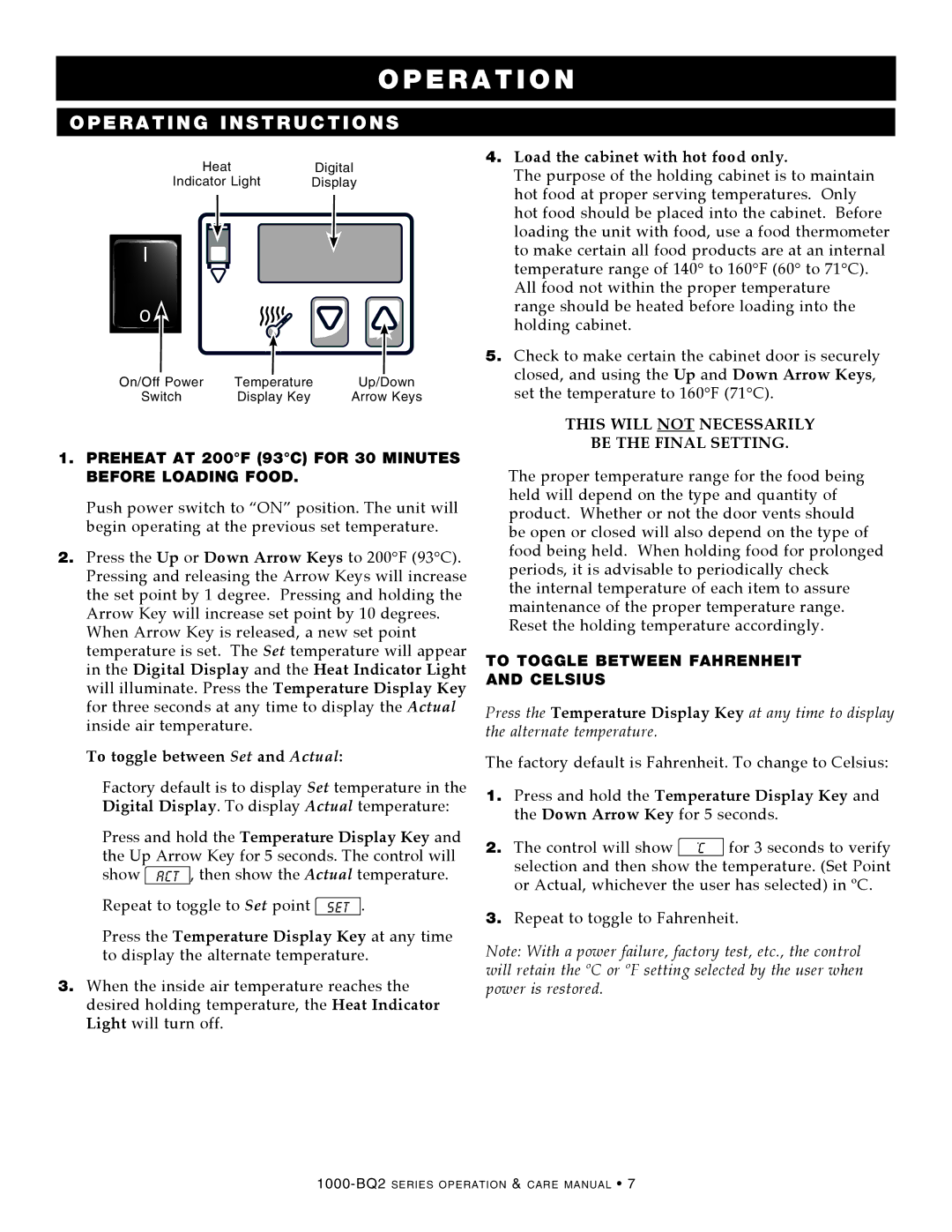 Alto-Shaam 1000-BQ2/192, 1000-BQ2/96 E R a T I O N, Operating Instructions, Press the Up or Down Arrow Keys to 200F 93C 