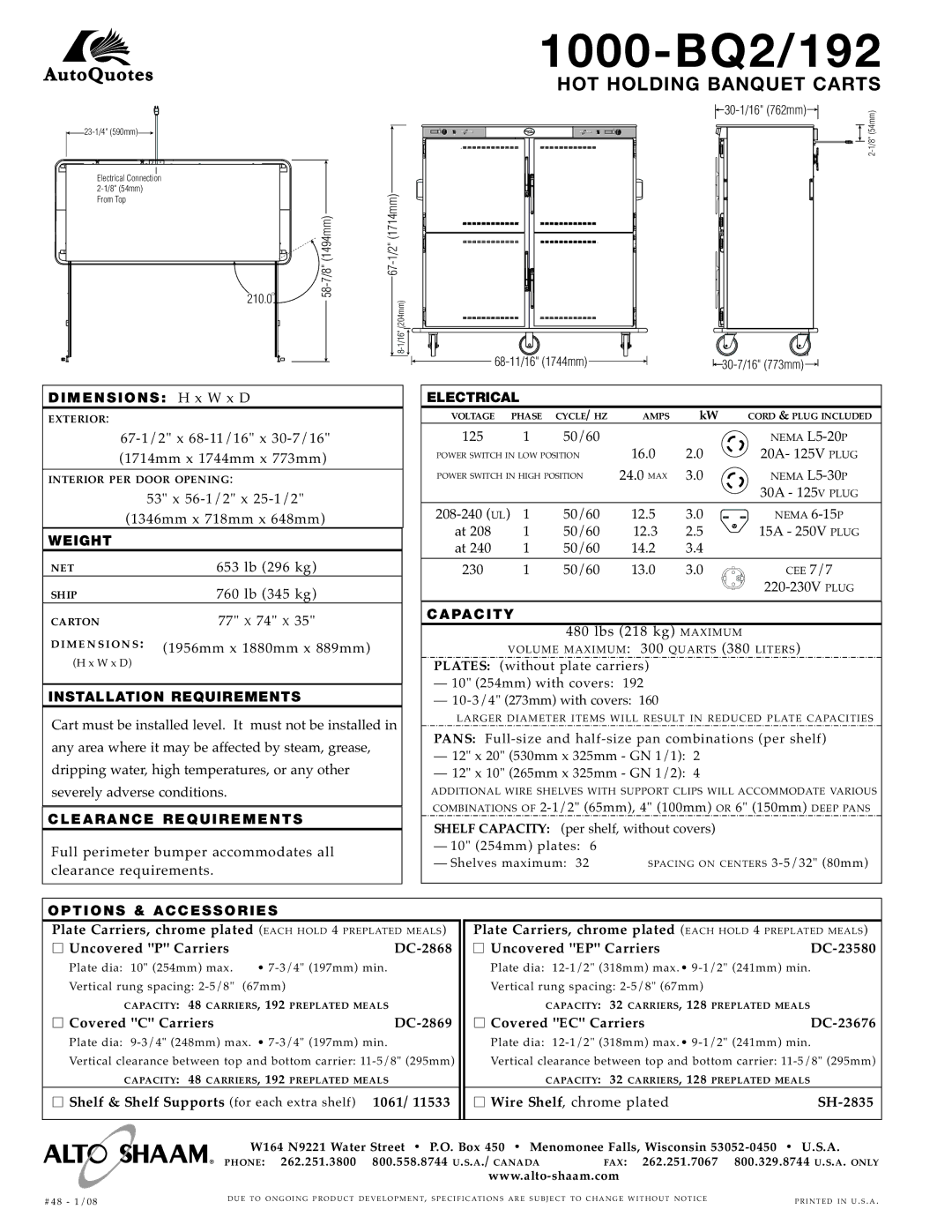 Alto-Shaam 1000-BQ2/192 specifications 1000 -BQ2 /192 