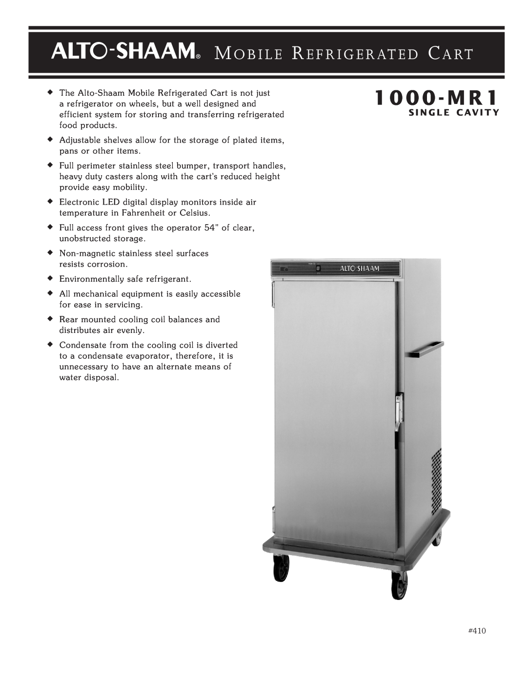 Alto-Shaam movile refrigerated cart single comartment manual PHONE 262.251.3800 800.558.8744 USA/CANADA, 1000-MR1, Model 