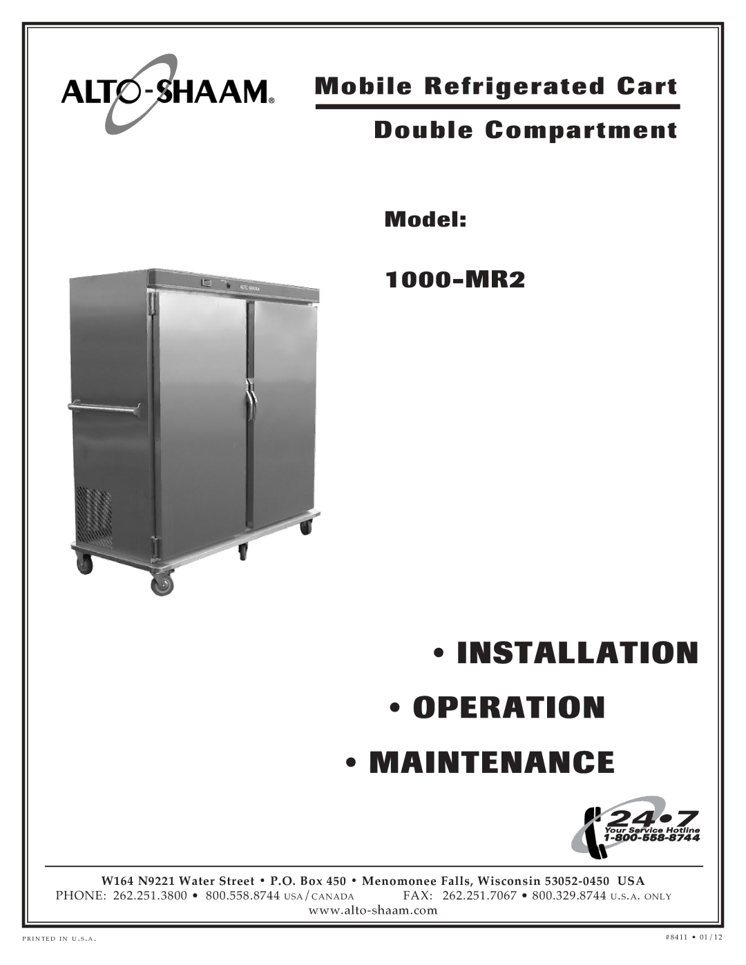 Alto-Shaam mobile refigerated cart double comopartment, 1000-mr2 manual Installation Operation Maintenance 