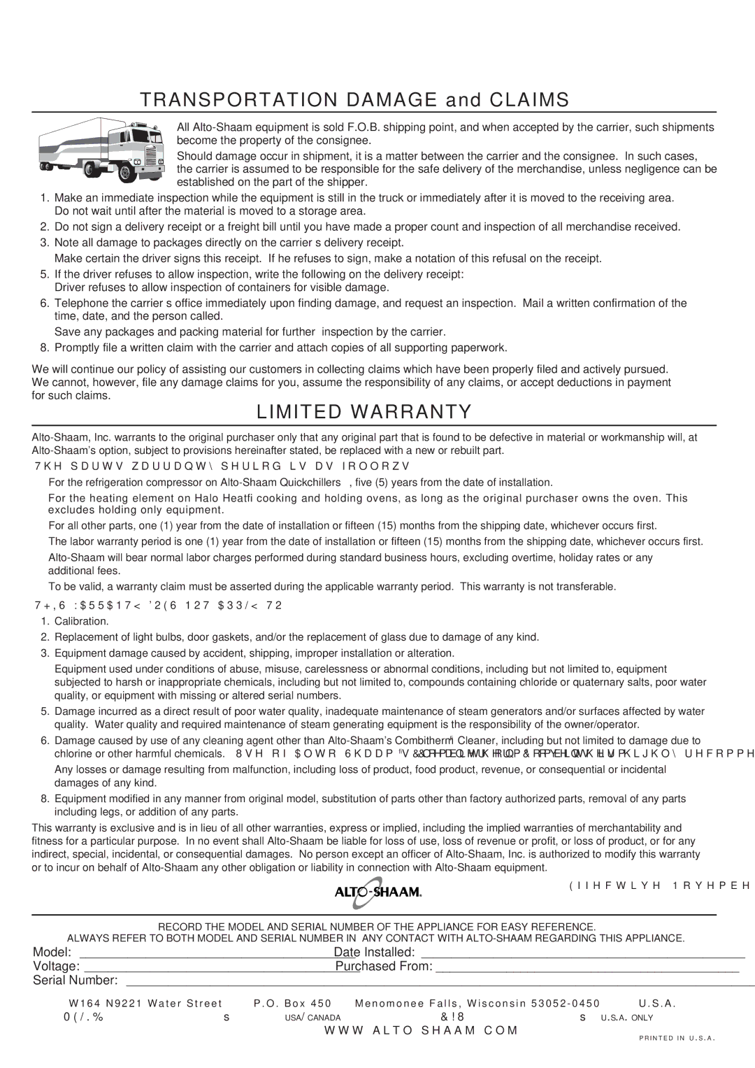 Alto-Shaam mobile refigerated cart double comopartment, 1000-mr2 manual Limited Warranty 