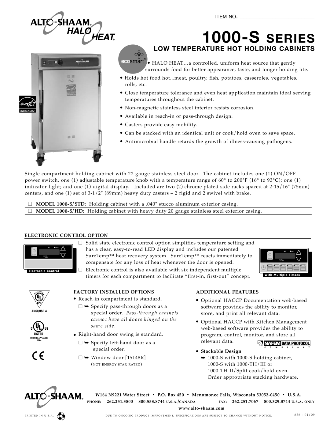 Alto-Shaam 1000-S/ HD, 1000-S Series manual Electronic Control Option, Factory Installed Options, Additional Features 