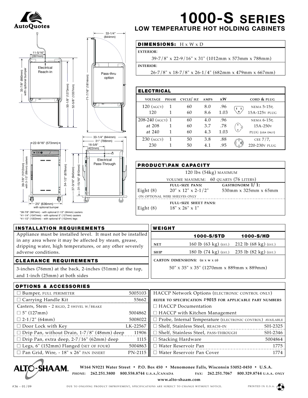 Alto-Shaam 1000-S/ STD, 1000-S/ HD Electrical, PRODUCT\PAN Capacity, Clearance Requirements, Weight, Options & Accessories 