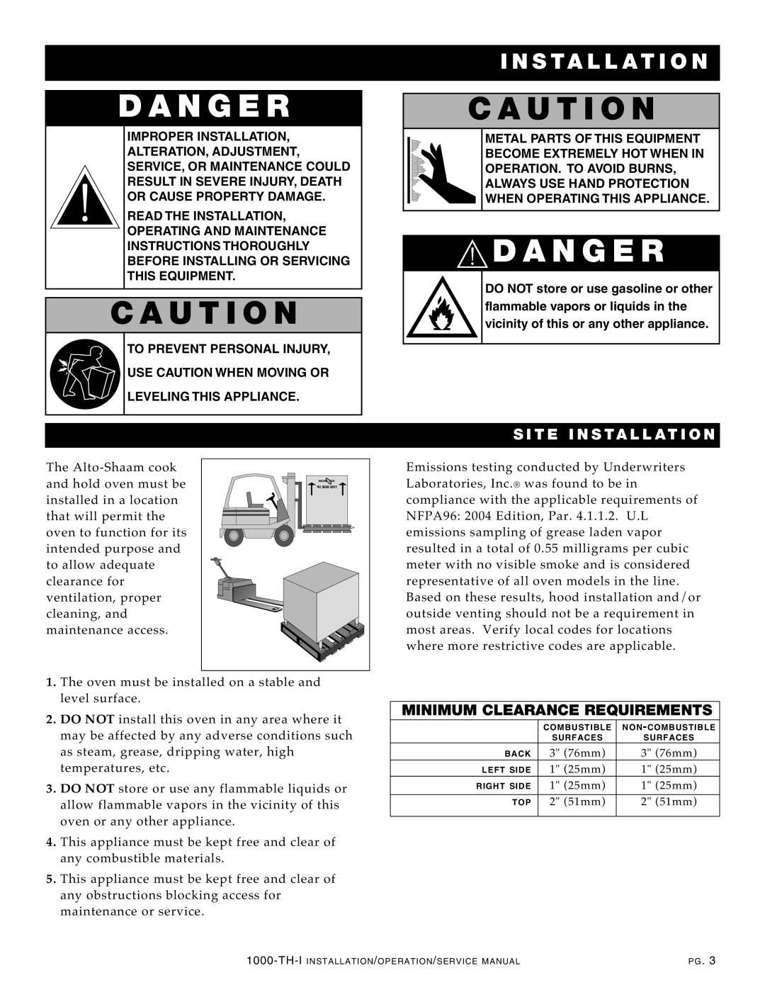 Alto-Shaam 1000-TH-I manual Au Tio N, An Ger, INS Tallatio N, ITE INS TA LL Atio N, Minimum Clearance Requirements 