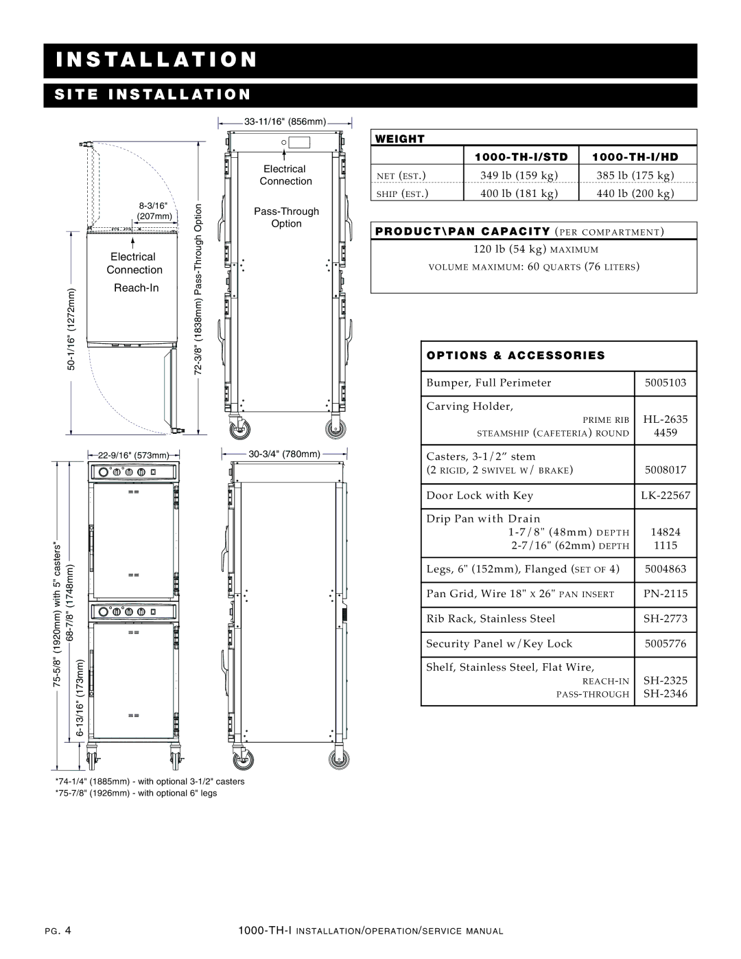 Alto-Shaam 1000-TH-I manual INS TAL LAT I on, SI TE INS Tallatio N 