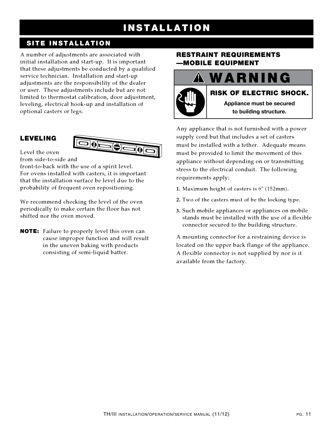 Alto-Shaam 500-TH/III, 1000-TH/III, 750-TH/III manual Risk of ELEcTRIc ShOcK, Appliance must be secured To building structure 