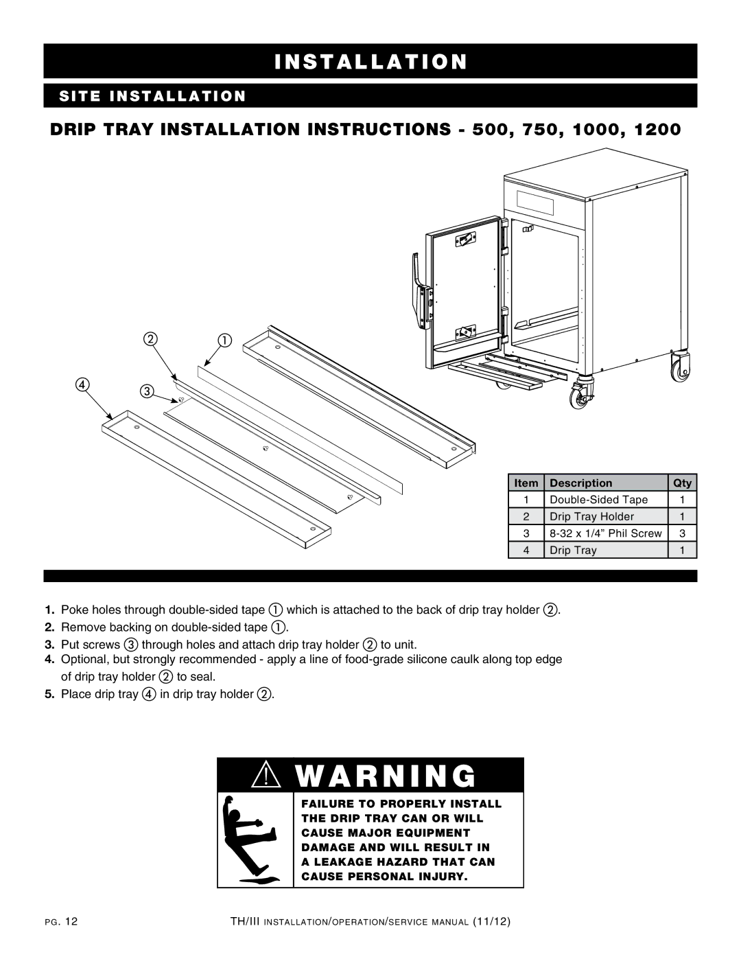 Alto-Shaam 750-TH/III, 1000-TH/III, 500-TH/III, 1200-TH/III, 300-TH/III Drip tray installation instructions 500, 750, 1000 