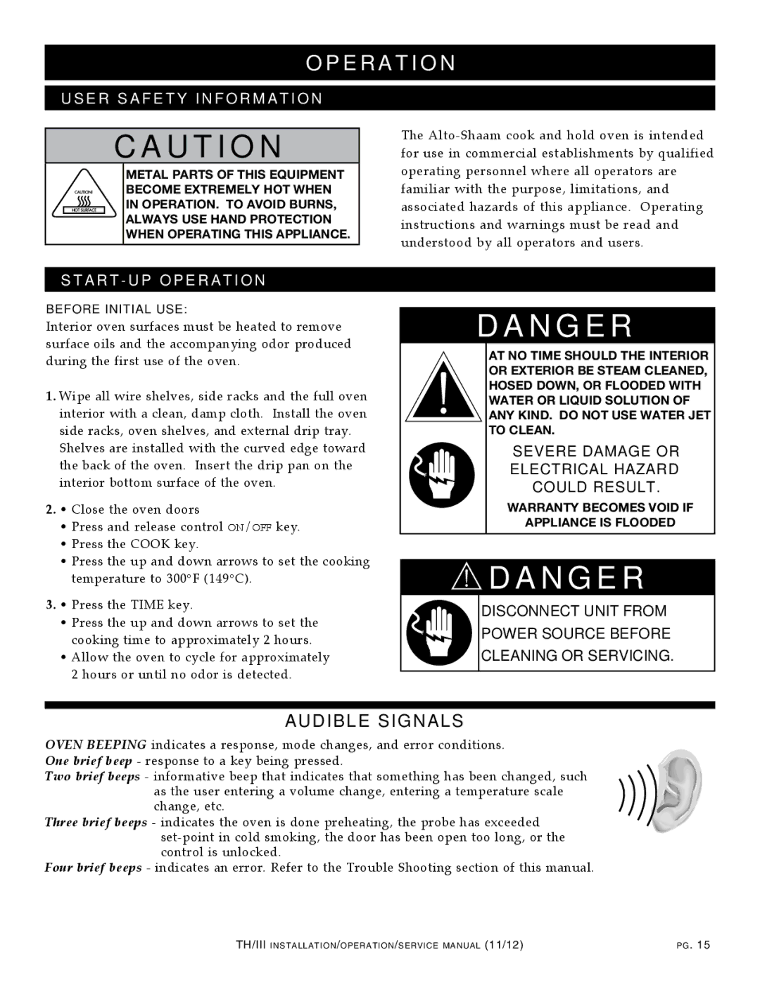 Alto-Shaam Alto-Shaam Cook & Hold Oven Electronic Control Audible signals, Severe dAMAgE or ELEcTRIcAL hAZARd COULd Result 