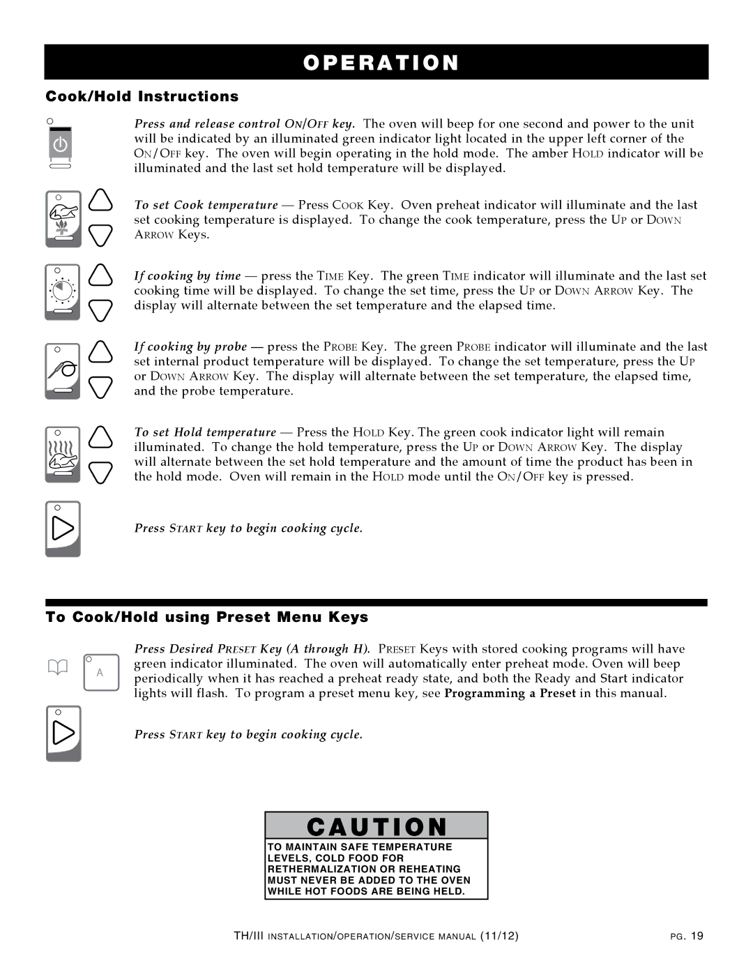 Alto-Shaam 1200-TH/III, 1000-TH/III, 500-TH/III, 750-TH/III manual Cook/Hold Instructions, To Cook/Hold using Preset Menu Keys 