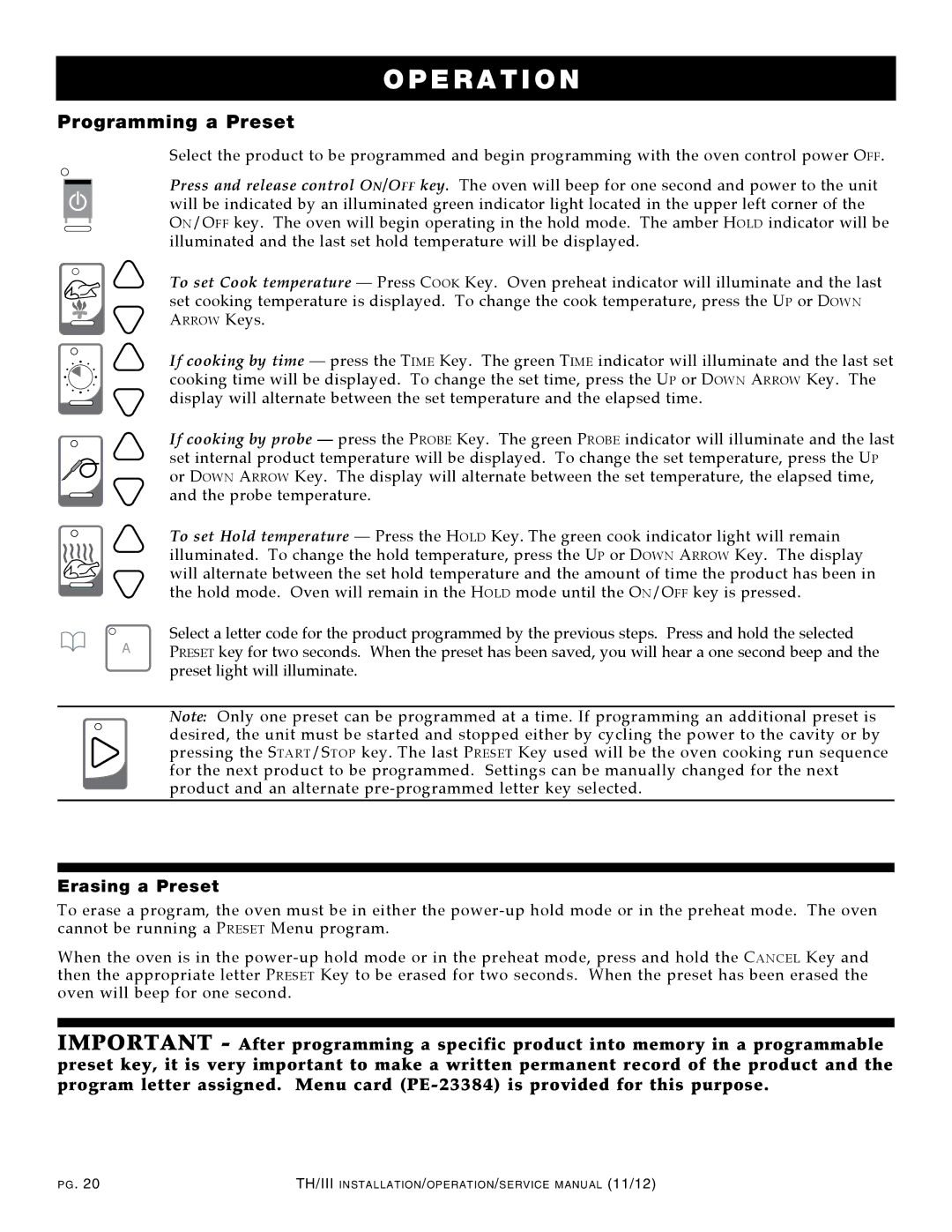 Alto-Shaam 300-TH/III, 1000-TH/III, 500-TH/III, 750-TH/III, 1200-TH/III manual Programming a Preset, Erasing a Preset 