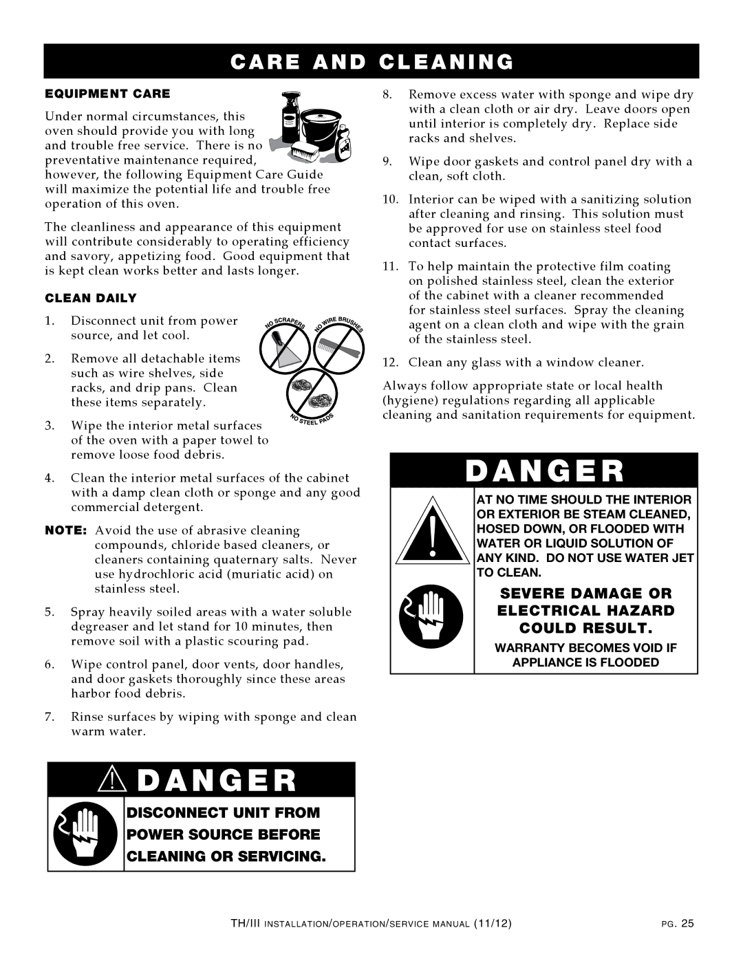 Alto-Shaam 1200-TH/III, 1000-TH/III, 500-TH/III, 750-TH/III, 300-TH/III manual Equipment Care, Clean Daily 