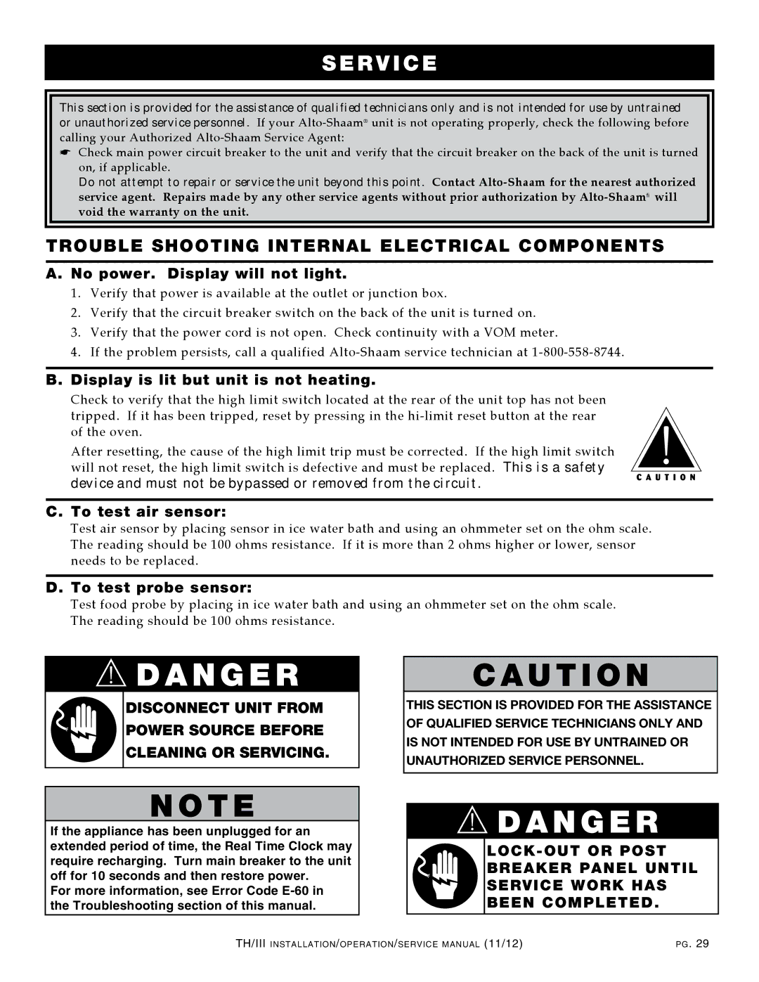 Alto-Shaam 500-TH/III, 1000-TH/III manual Trouble shooting Internal Electrical Components, No power. Display will not light 