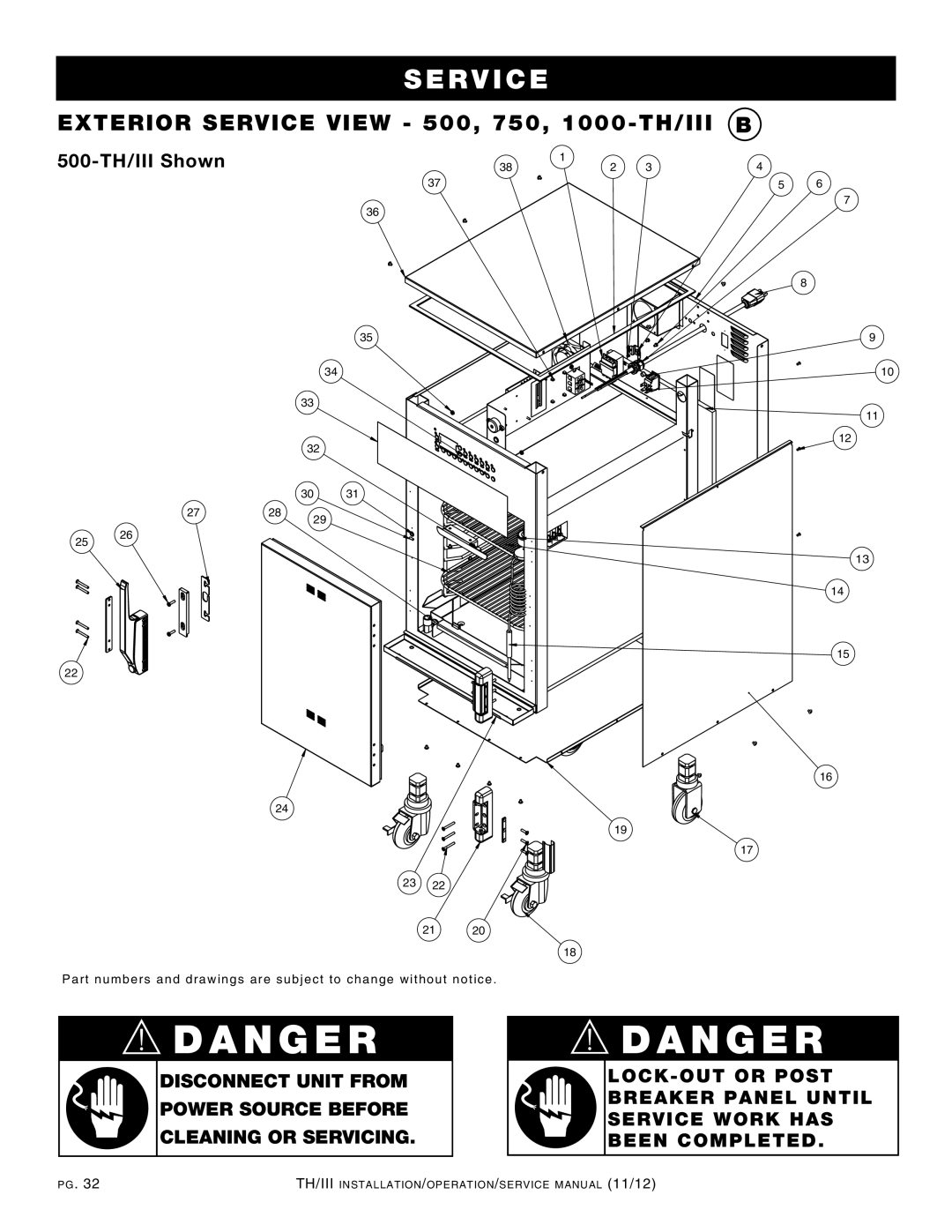 Alto-Shaam 300-TH/III, 750-TH/III, 1200-TH/III manual Exterior service view 500, 750, 1000-TH/III B, 500-TH/III Shown 