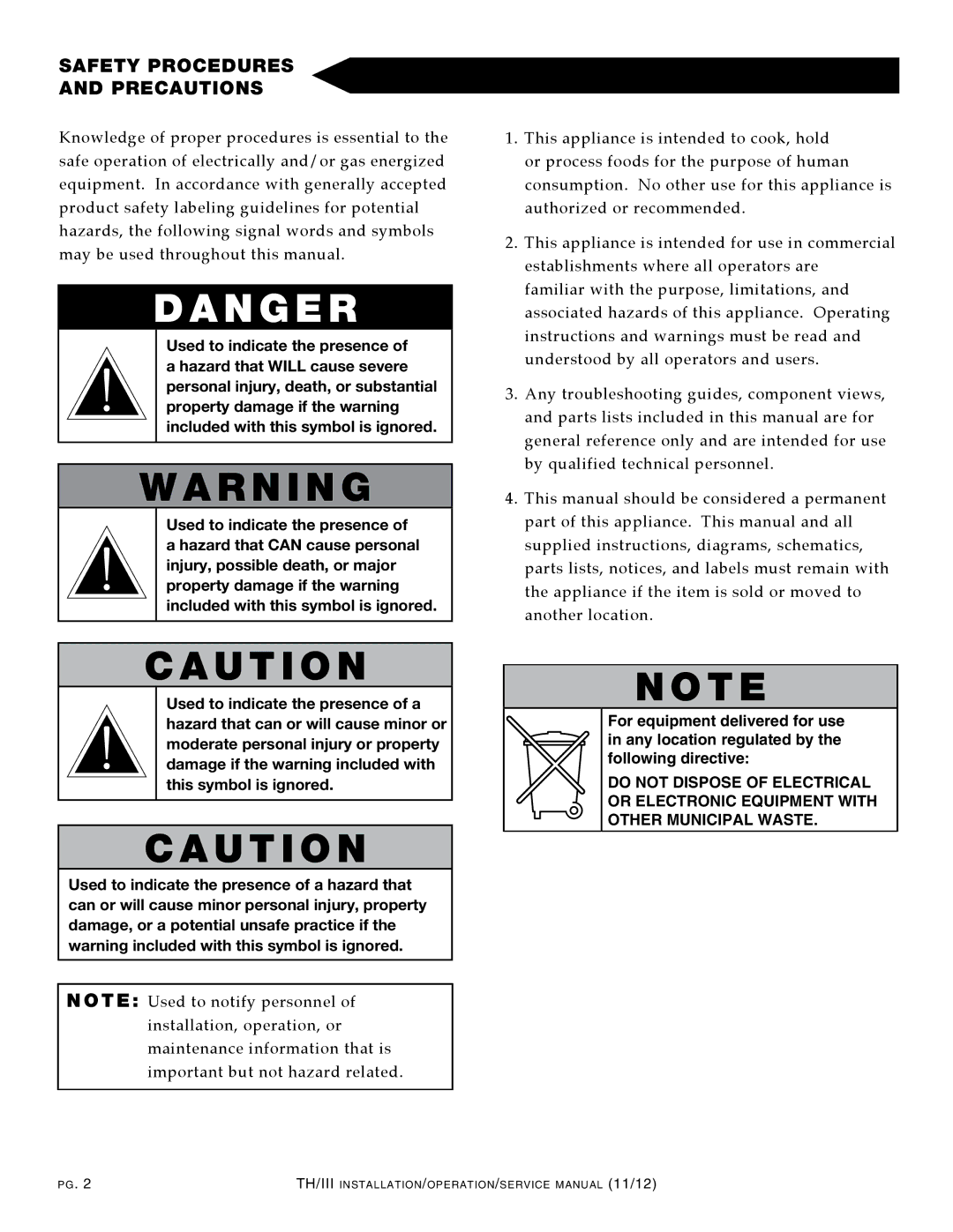 Alto-Shaam 300-TH/III, 1000-TH/III, 500-TH/III, 750-TH/III, 1200-TH/III manual N g E R, SAFETy pROcEdURES PREcAUTIONS 