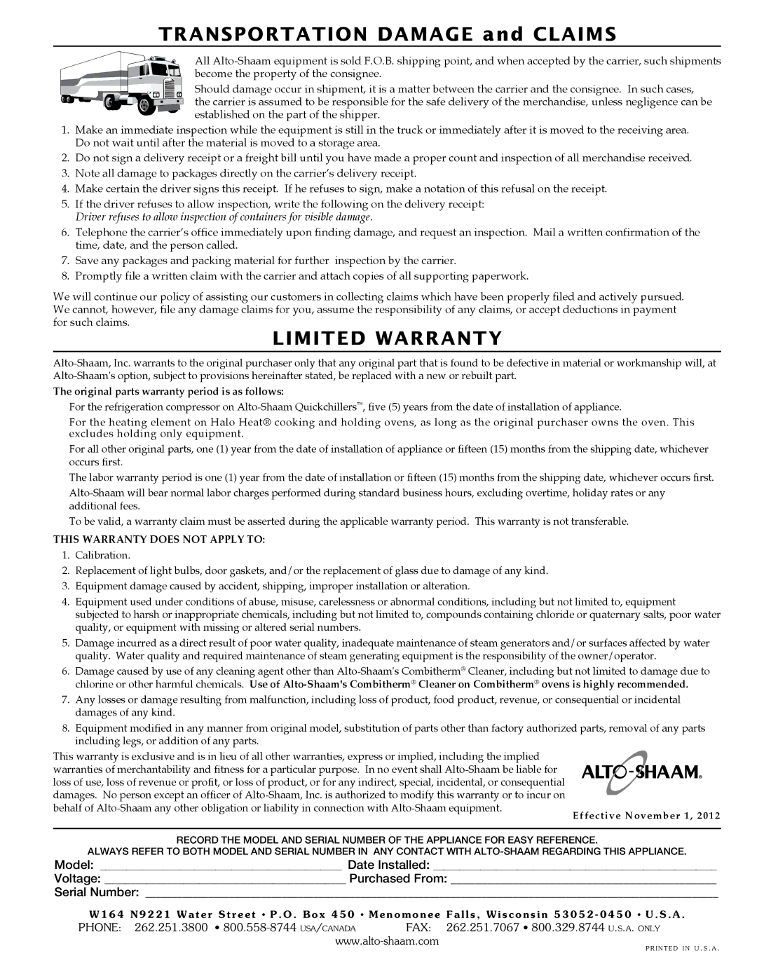 Alto-Shaam 750-TH/III, 1000-TH/III, 500-TH/III, 1200-TH/III, 300-TH/III manual TransPortatIon DaMaGe and claIMs 