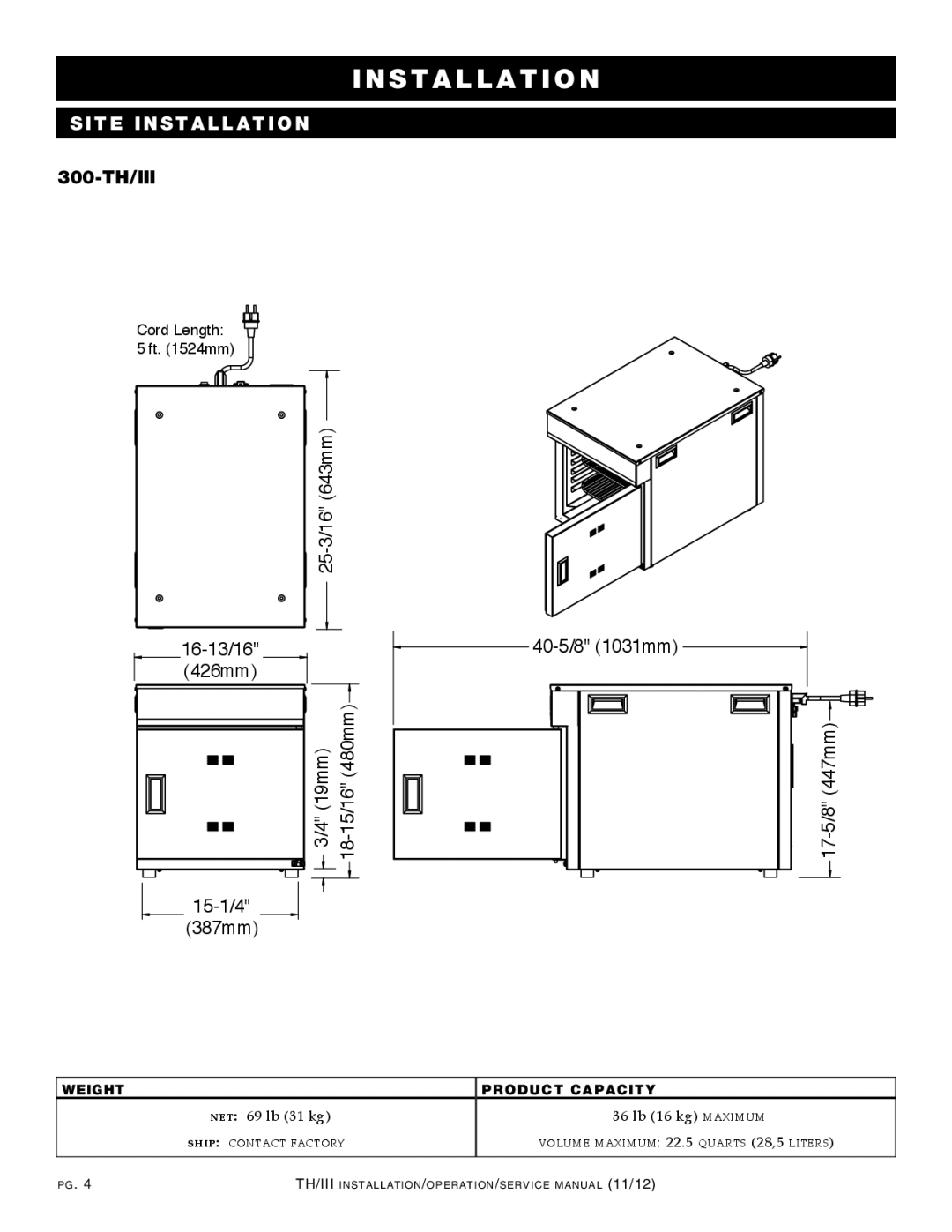 Alto-Shaam 1000-TH/III, 500-TH/III, 750-TH/III, 1200-TH/III manual T e Installation, 300-TH/III 