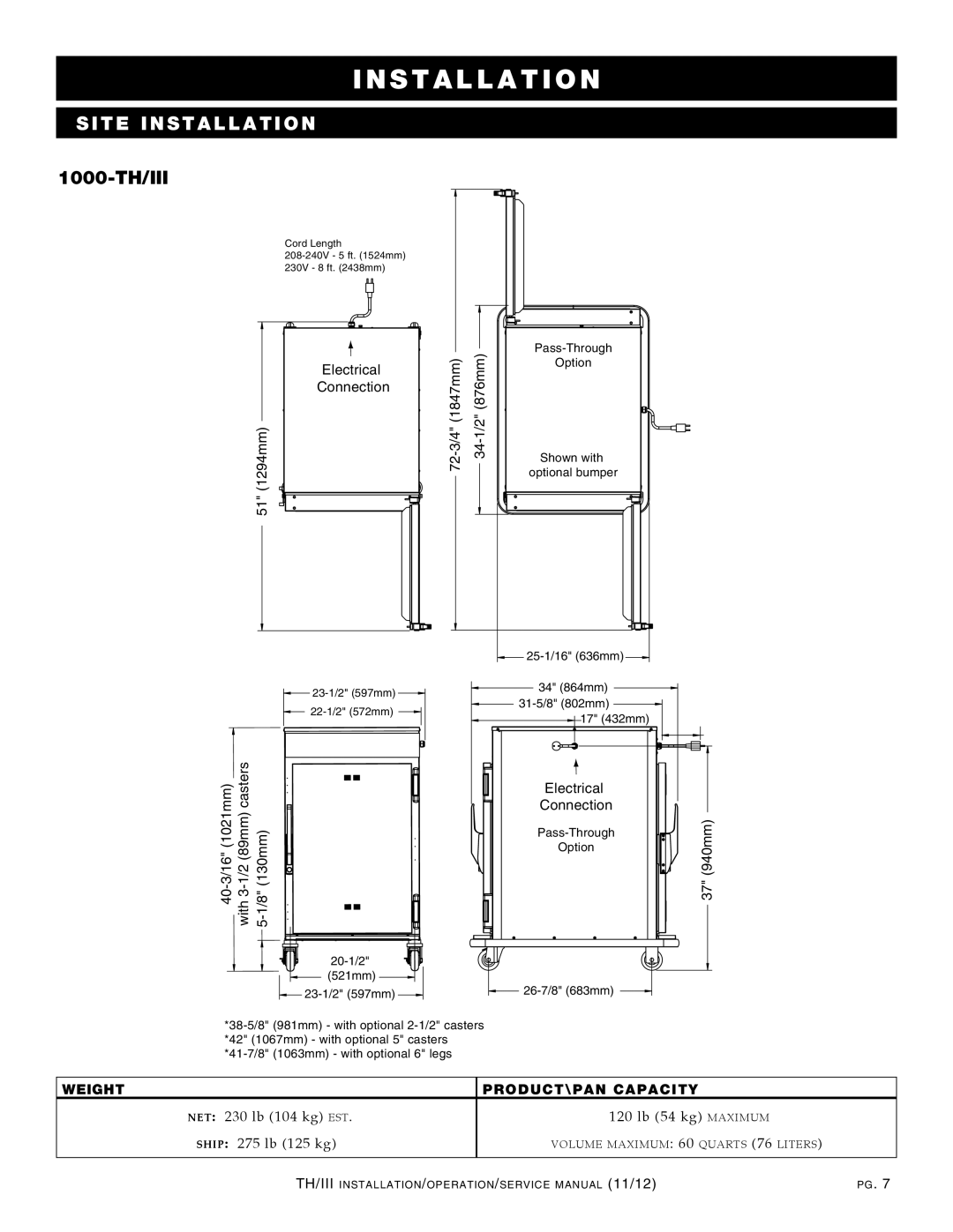 Alto-Shaam 1200-TH/III, 500-TH/III, 750-TH/III, 300-TH/III manual 1000-TH/III, 1294mm 721847mm 34876mm Electrical Connection 