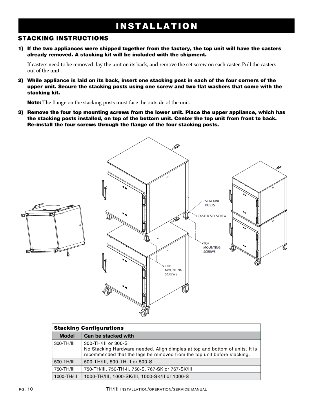 Alto-Shaam 750-TH/III, 1000-TH/III, 500-TH/III STAcKINg INSTRUcTIONS, Stacking Configurations, Model Can be stacked with 