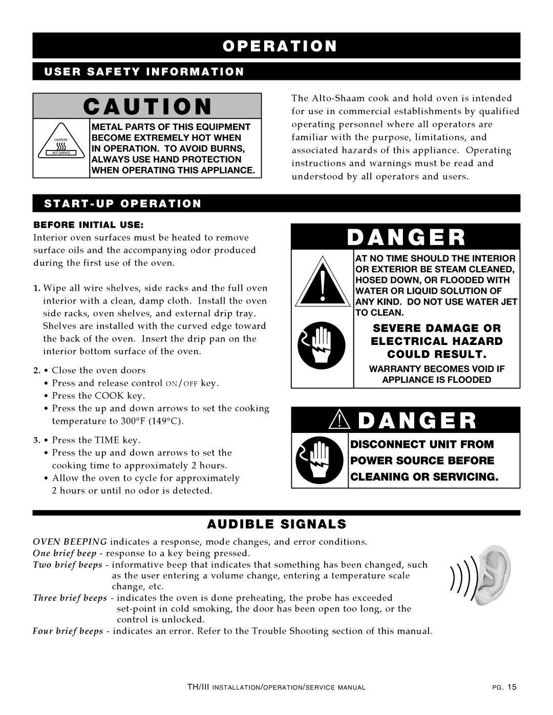 Alto-Shaam 750-TH/III manual Audible signals, Severe dAMAgE or ELEcTRIcAL hAZARd COULd Result, Before Initial USE, To Clean 