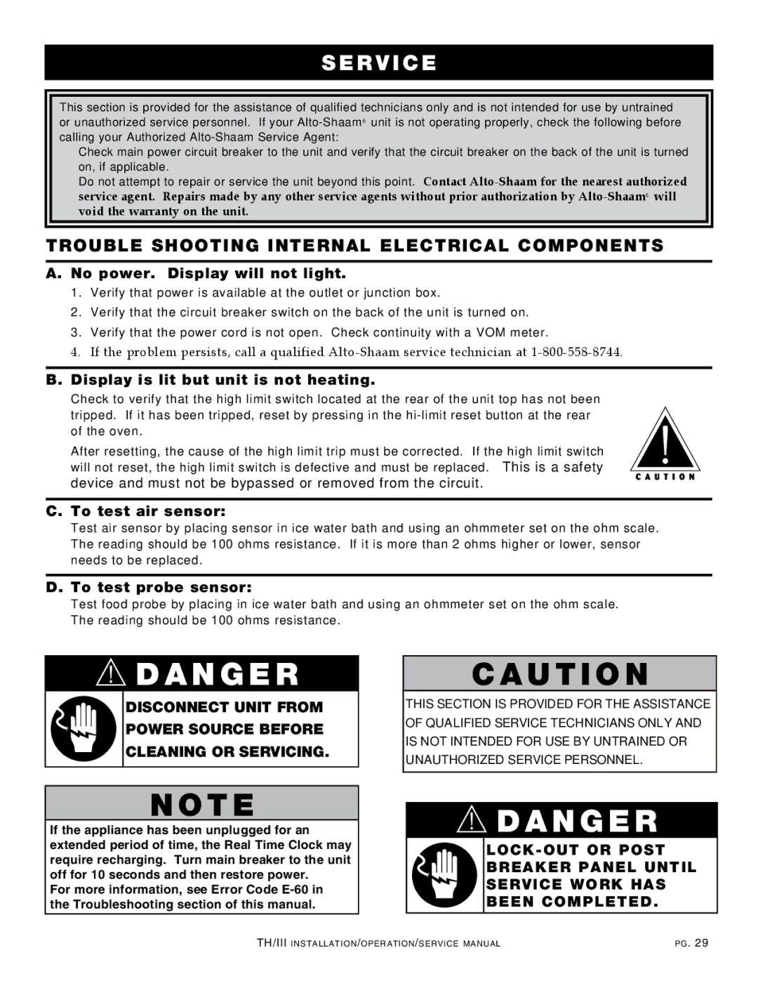 Alto-Shaam 500-TH/III, 1000-TH/III manual Trouble shooting Internal Electrical Components, No power. Display will not light 