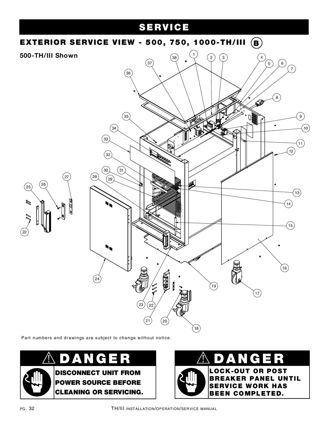 Alto-Shaam 300-TH/III, 750-TH/III, 1200-TH/III manual Exterior service view 500, 750, 1000-TH/III B, 500-TH/III Shown 