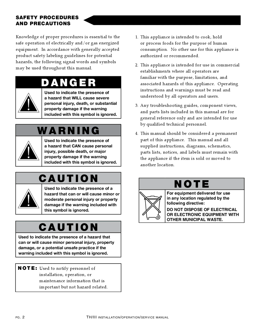 Alto-Shaam 300-TH/III, 1000-TH/III, 500-TH/III, 750-TH/III, 1200-TH/III manual N g E R, SAFETy pROcEdURES PREcAUTIONS 