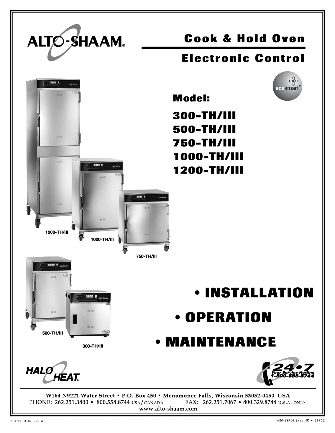 Alto-Shaam 500-TH/III, 1000-TH/III, 750-TH/III, 1200-TH/III, 767-SK/III manual Installation, Operation, Maintenance 