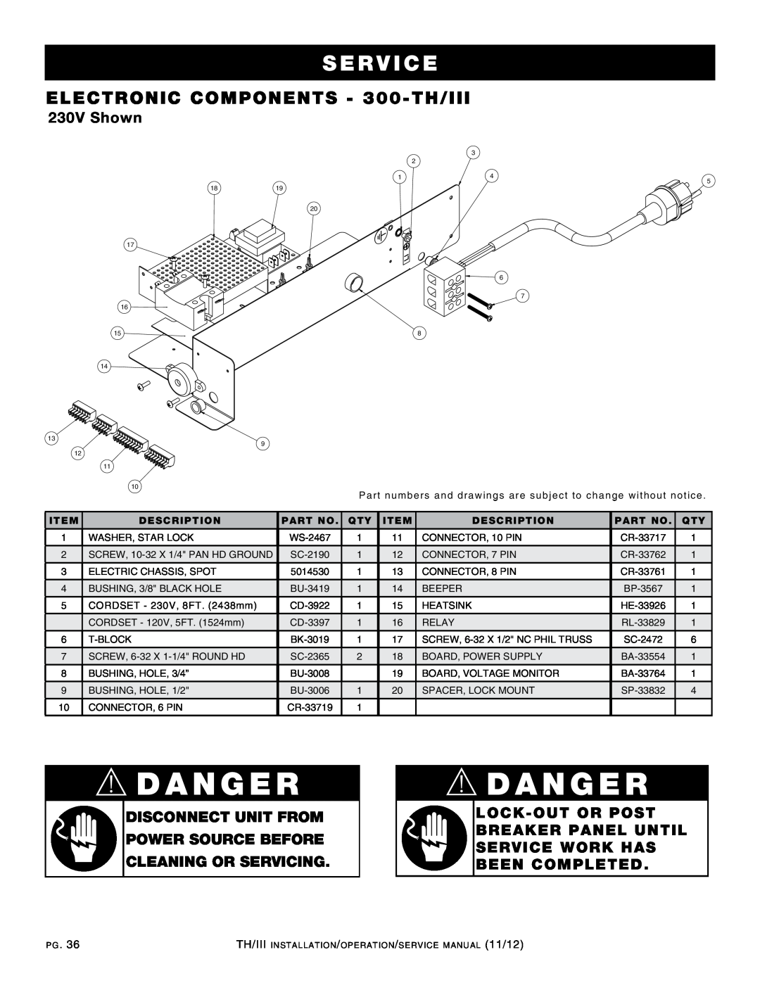 Alto-Shaam 750-TH/III manual ELECTRONIC COMPONENTS - 300-TH/III, 230V Shown, dANgER, Se r v ice, cLEANINg OR SERVIcINg 