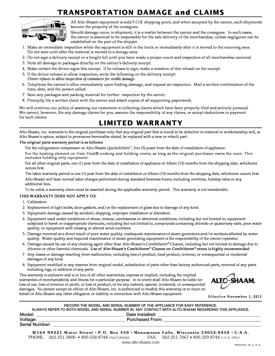 Alto-Shaam 750-TH/III transPortatIon DaMaGe and claIMs, lIMIteD WarrantY, The original parts warranty period is as follows 