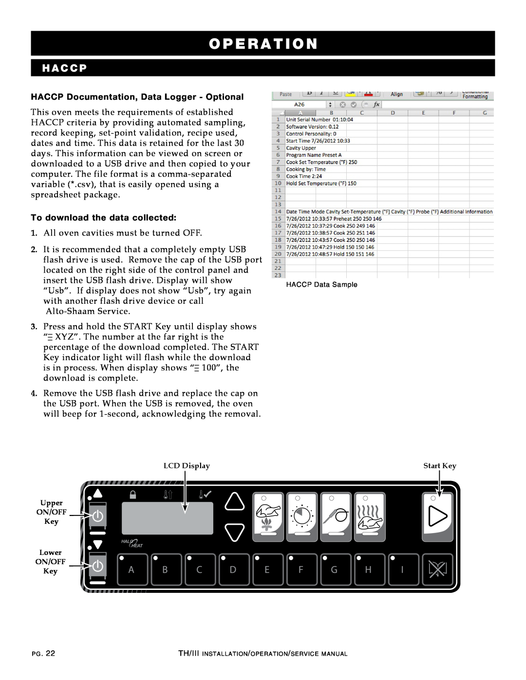 Alto-Shaam 300-TH/III Hac C P, OPE R A Ti o n, HACCP Documentation, Data Logger - Optional, To download the data collected 
