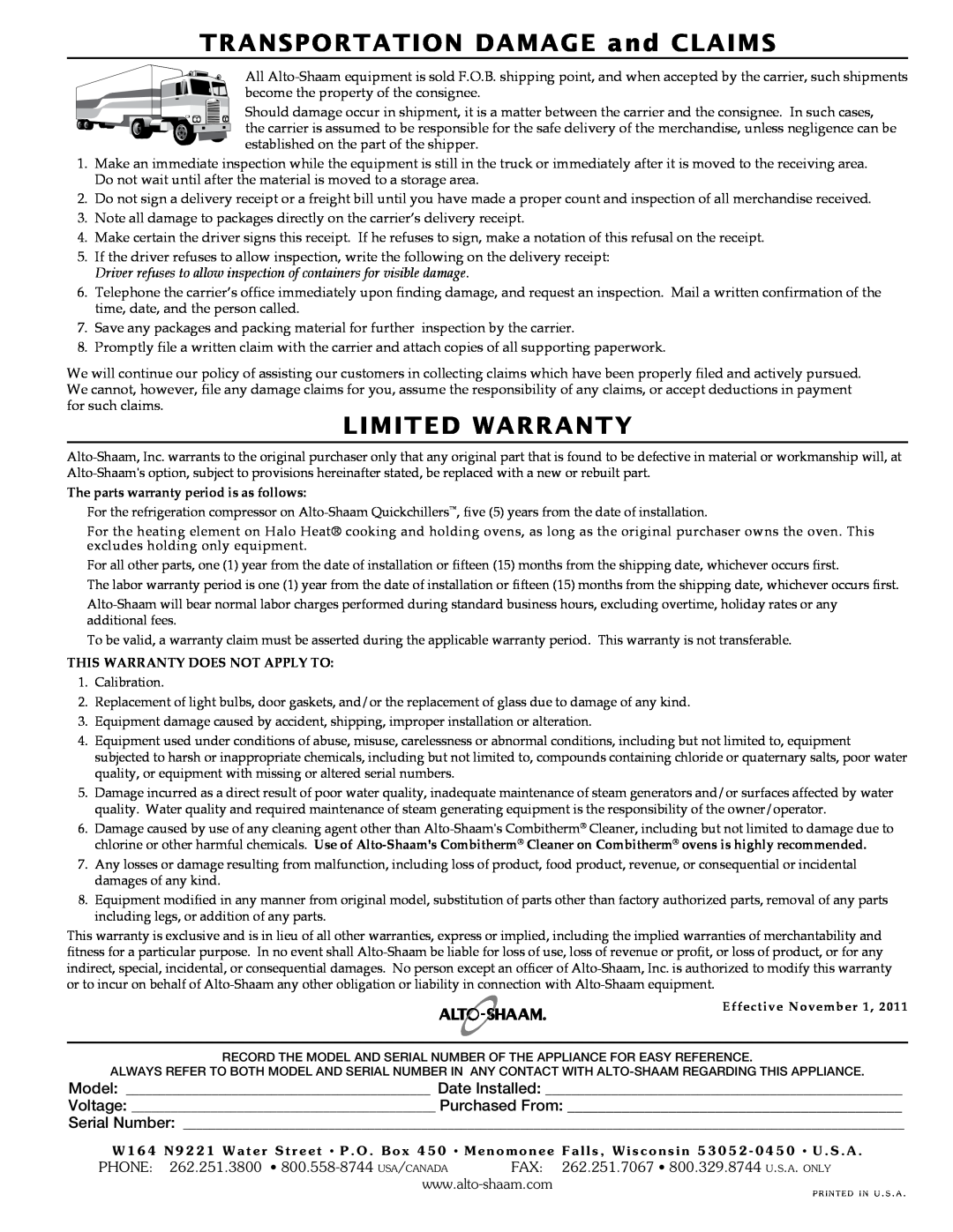 Alto-Shaam 300-TH/III manual transPortatIon DaMaGe and claIMs, lIMIteD WarrantY, The parts warranty period is as follows 