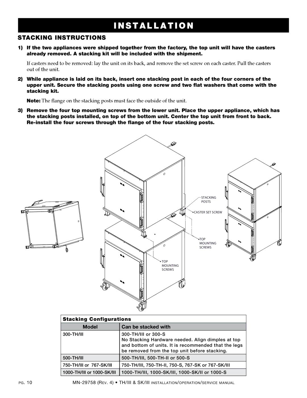 Alto-Shaam 750-TH/III, 1000-TH/III, 500-TH/III STAcKINg INSTRUcTIONS, Stacking Configurations, Model Can be stacked with 