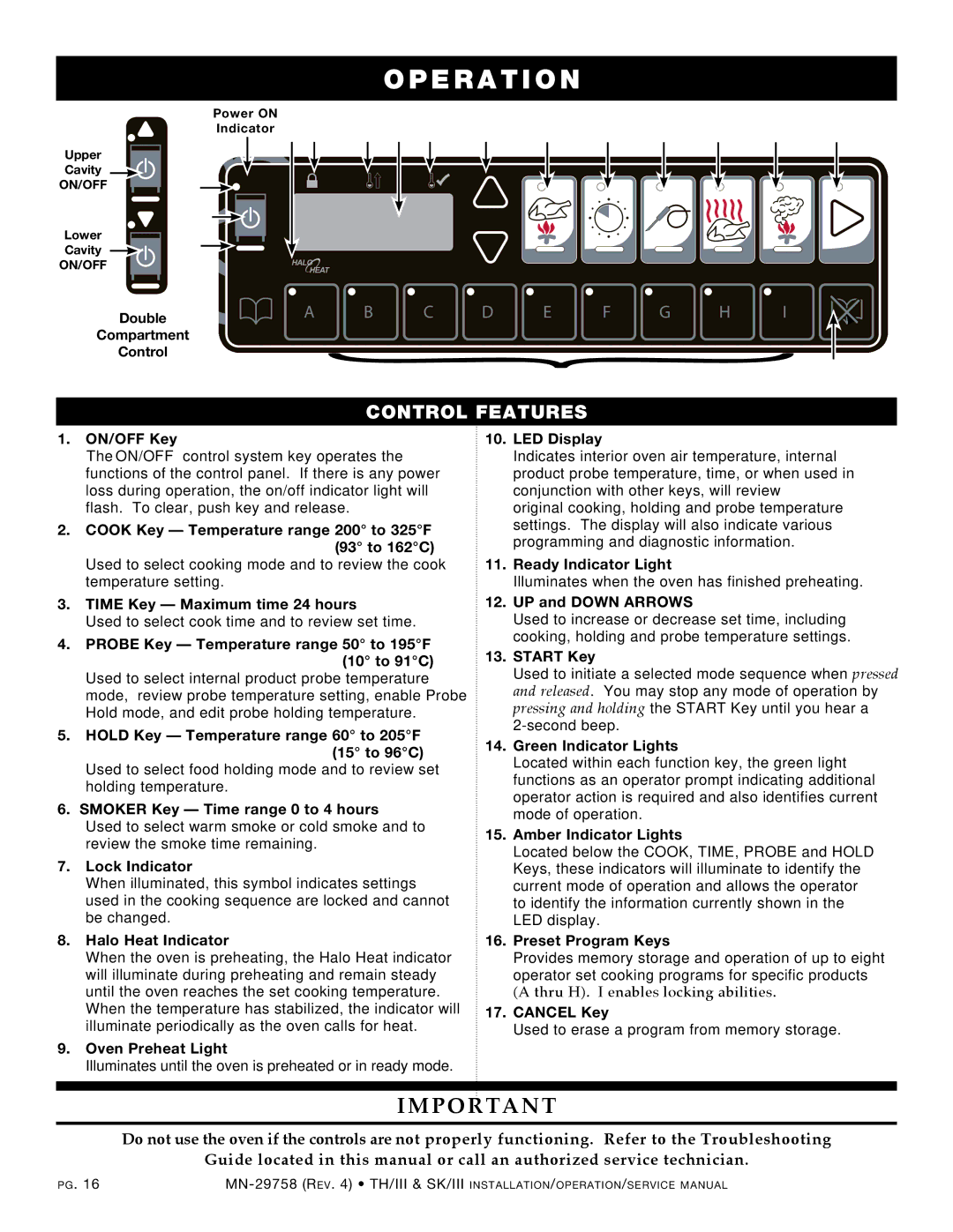 Alto-Shaam 1767-SK/III On/Off Key, Cook Key Temperature range 200­ to 325F 93 to 162C, Time Key Maximum time 24 hours 