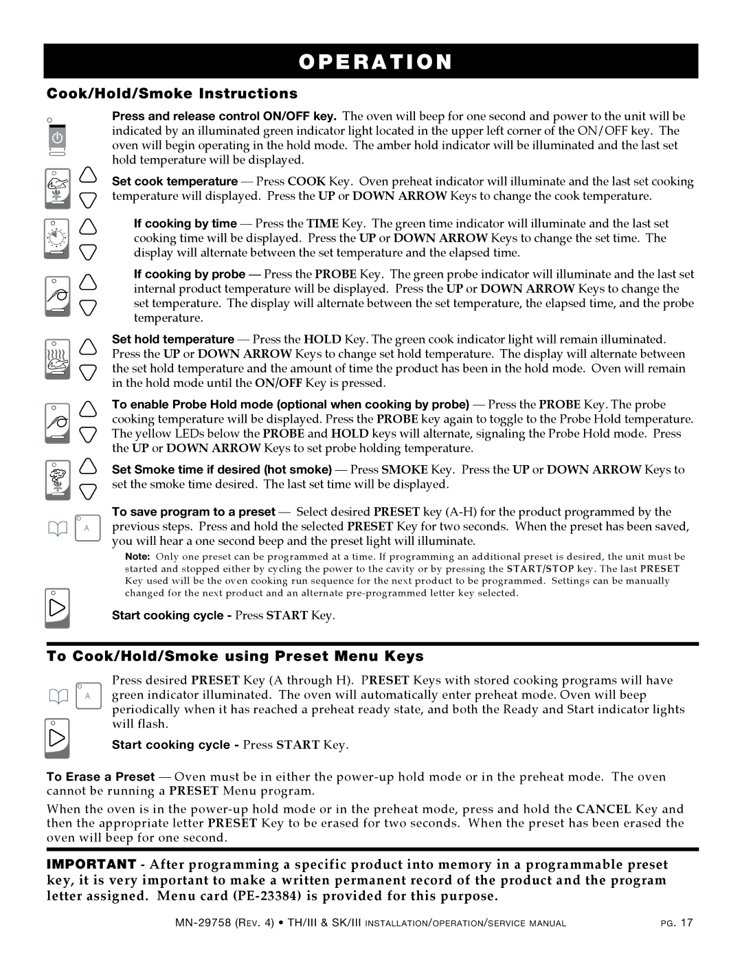 Alto-Shaam Cook, Hold, Smoke Oven Deluxe Control Cook/Hold/Smoke Instructions, To Cook/Hold/Smoke using Preset Menu Keys 