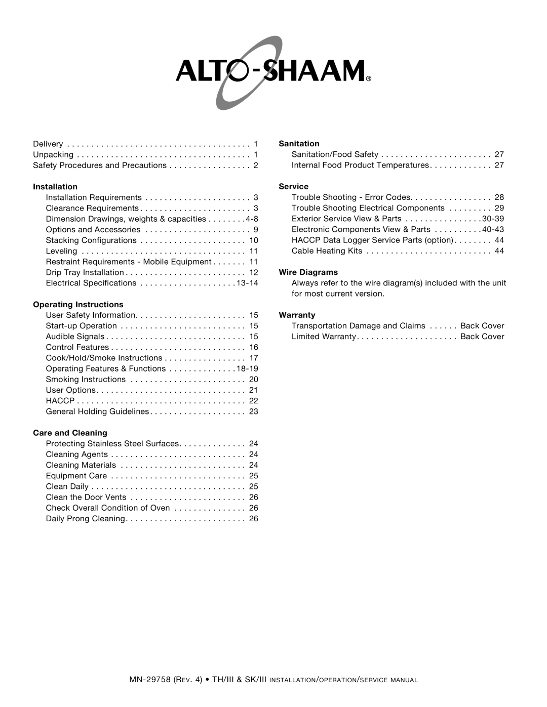 Alto-Shaam 750-TH/III manual Installation, Operating Instructions, Care and Cleaning, Sanitation, Service, Wire Diagrams 