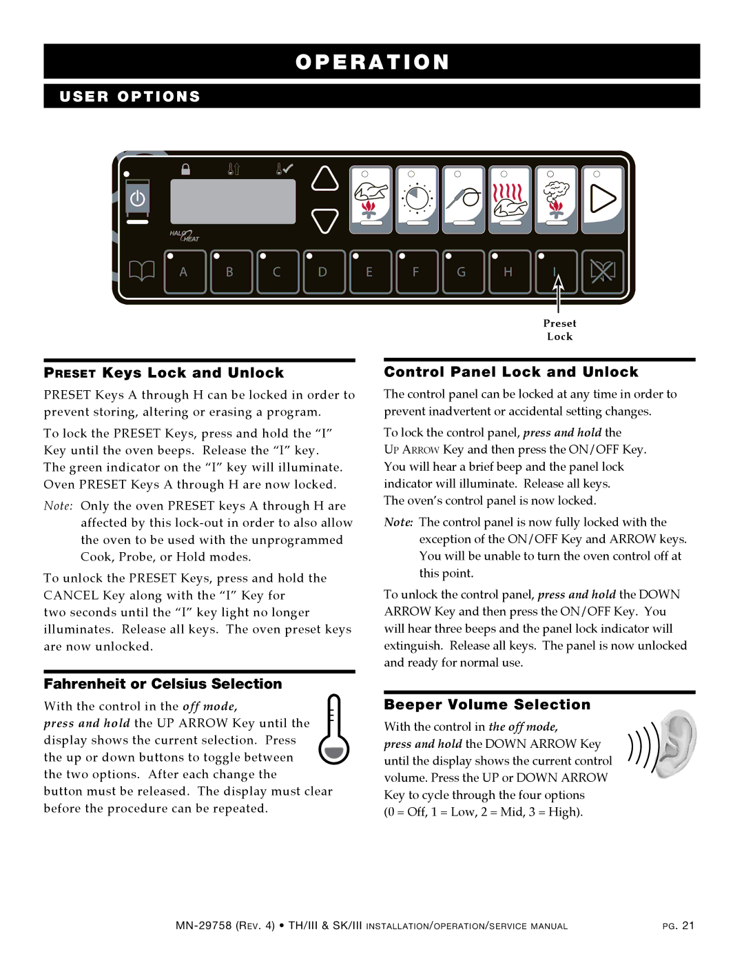 Alto-Shaam 1200-TH/III manual Preset Keys Lock and Unlock, Control Panel Lock and Unlock, Fahrenheit or Celsius Selection 