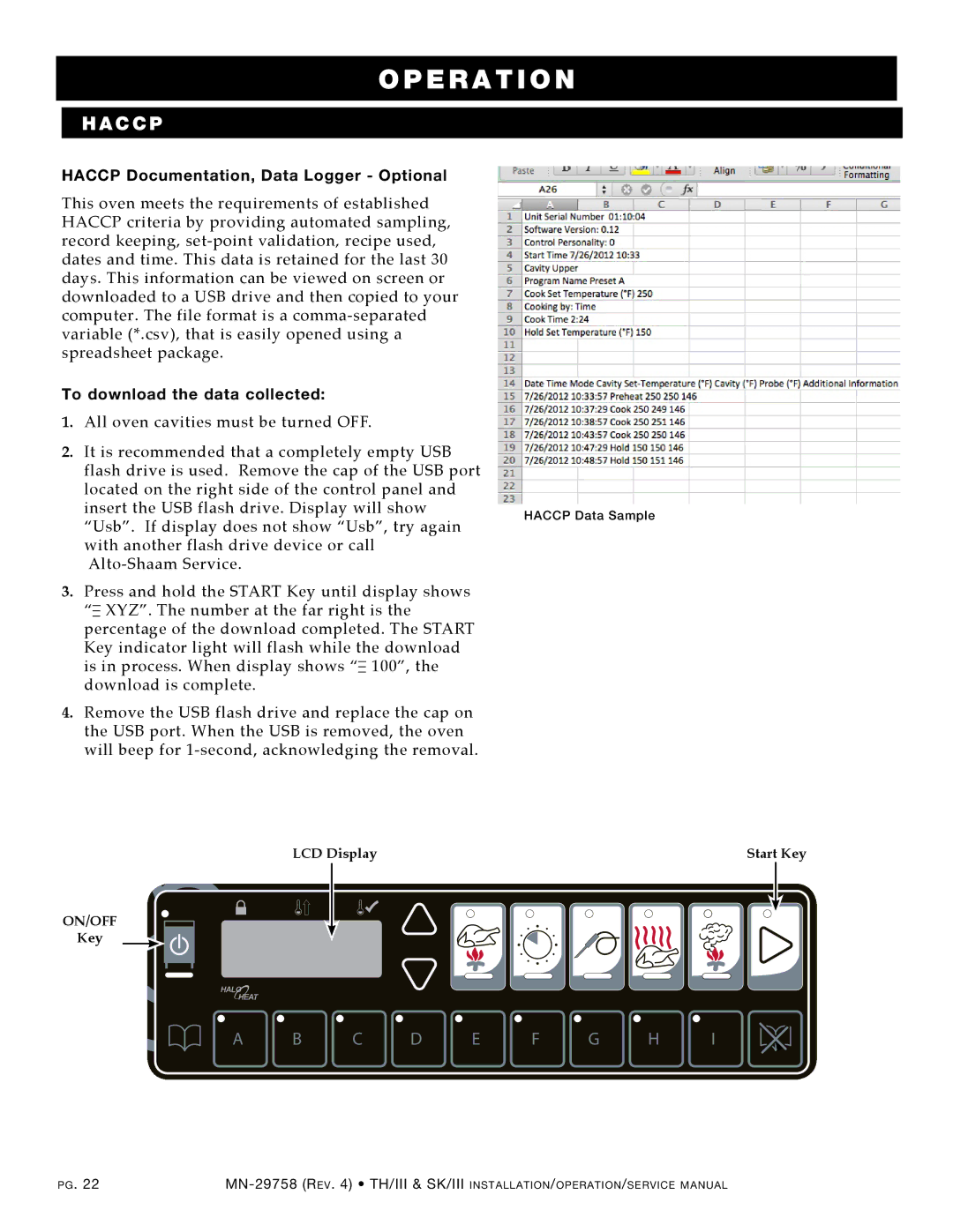 Alto-Shaam 767-SK/III Haccp Documentation, Data Logger Optional, To download the data collected, LCD Display, On/off Key 