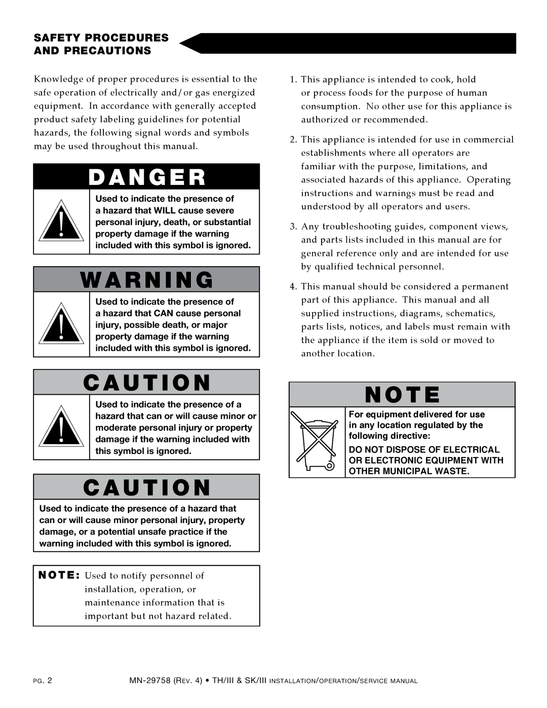 Alto-Shaam 767-SK/III, 1000-TH/III, 500-TH/III, 750-TH/III, 1200-TH/III, 1200-SK/III N g E R, SAFETy pROcEdURES PREcAUTIONS 