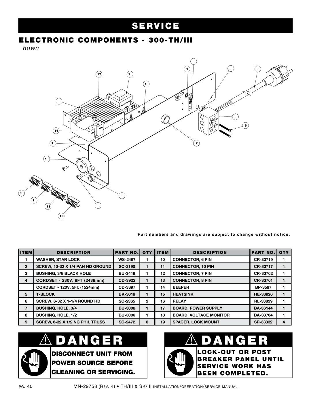 Alto-Shaam 750-TH/III, 1000-TH/III, 500-TH/III, 1200-TH/III, 767-SK/III manual Electronic Components 300-TH/III, 230V Shown 