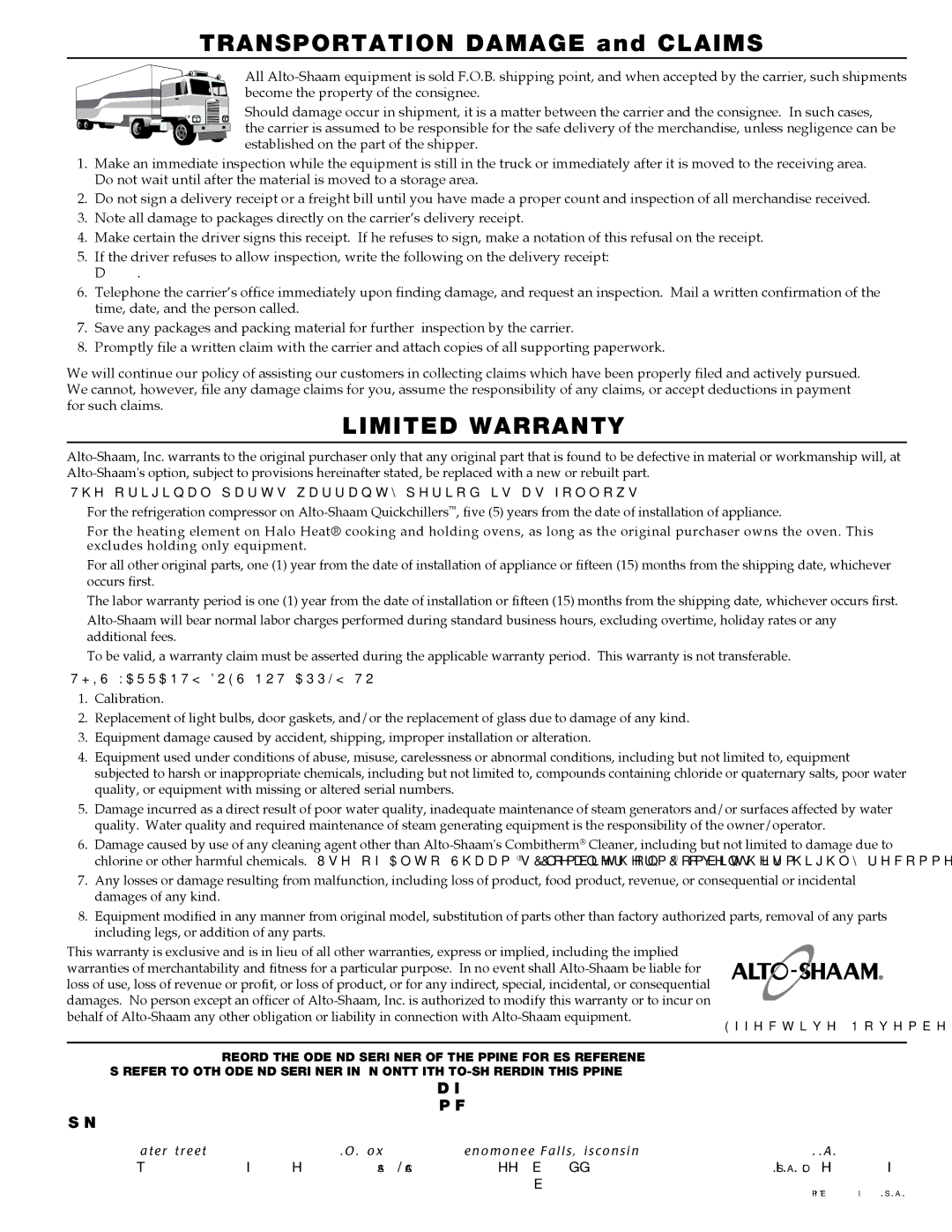 Alto-Shaam Cook, Hold, Smoke Oven Deluxe Control, 1000-TH/III, 500-TH/III, 750-TH/III, 1200-TH/III manual Limited Warranty 