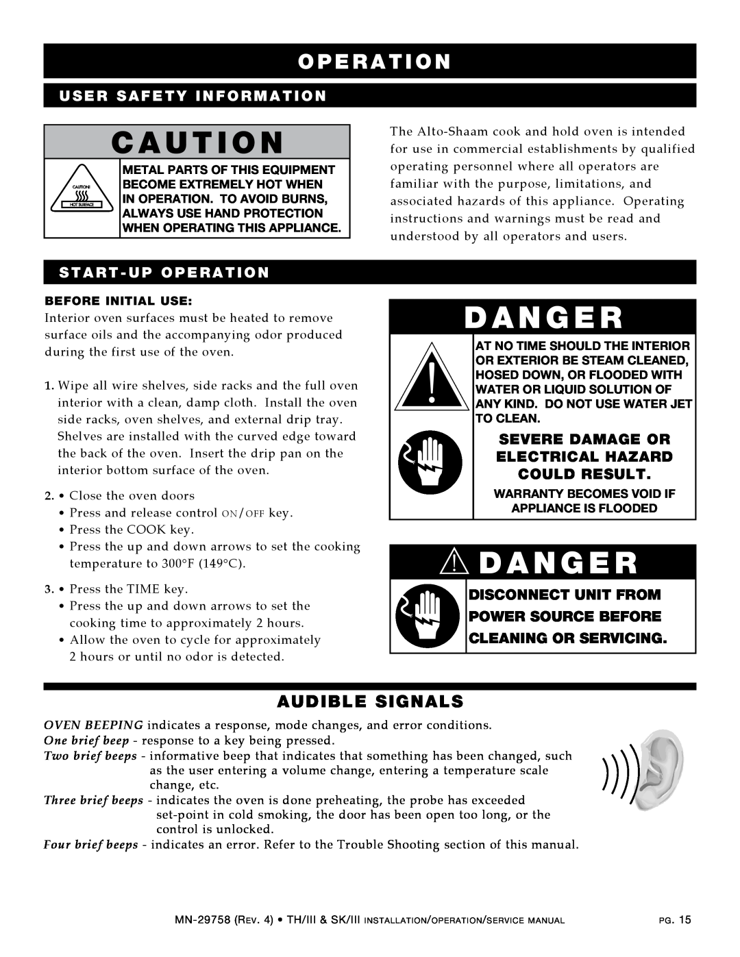 Alto-Shaam 1000-SK/III manual c A U T I O N, d A N g E R, dANgER, ope r a t i o n, audible signals, User Safety Information 