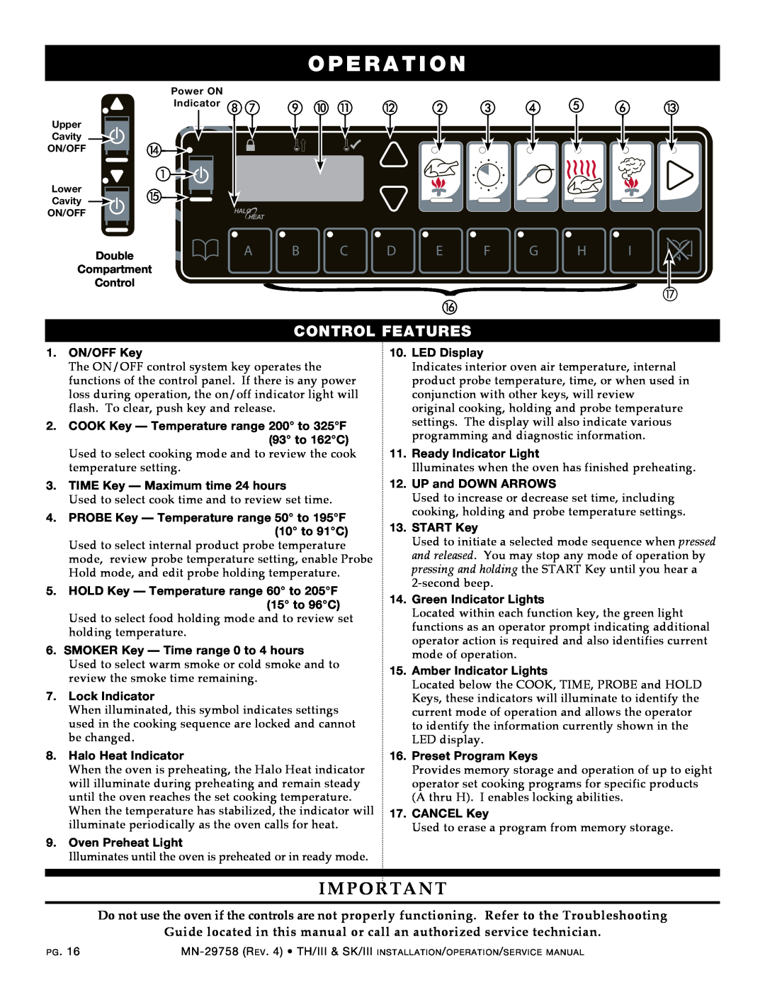 Alto-Shaam 1767-SK/III, 1000-TH/III, 500-TH/III, 750-TH/III, 1200-TH/III, 1200-SK/III manual ope r a t i o n, control features 