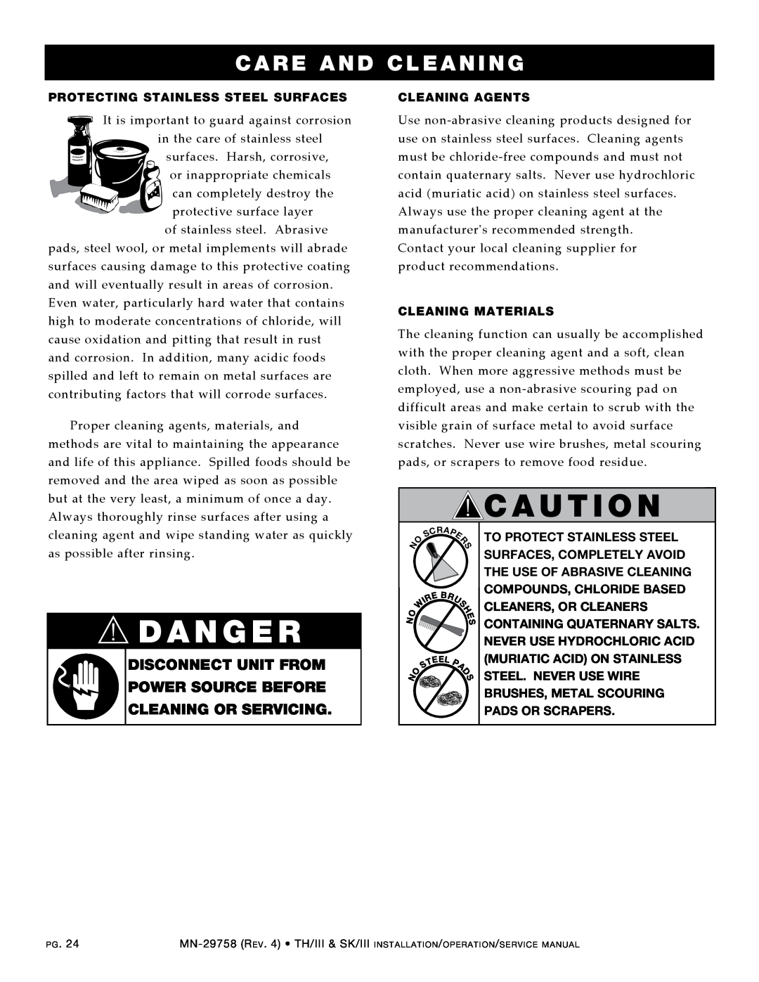 Alto-Shaam 300-TH/III manual dANgER, CARE and cleaning, dIScONNEcT UNIT FROM pOwER SOURcE BEFORE, cLEANINg OR SERVIcINg 
