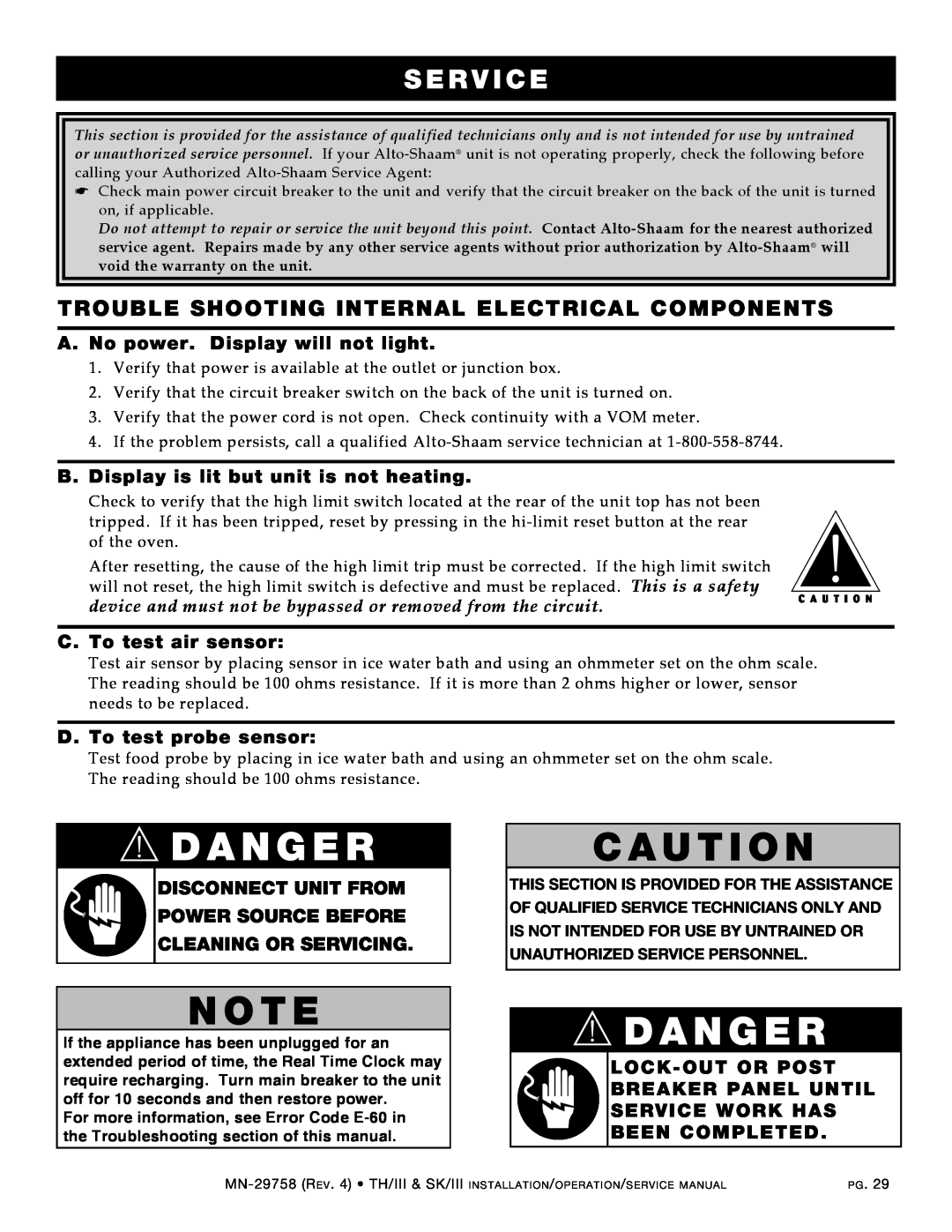Alto-Shaam 500-TH/III manual dANgER, Se r v ice, trouble shooting Internal Electrical Components, C. To test air sensor 
