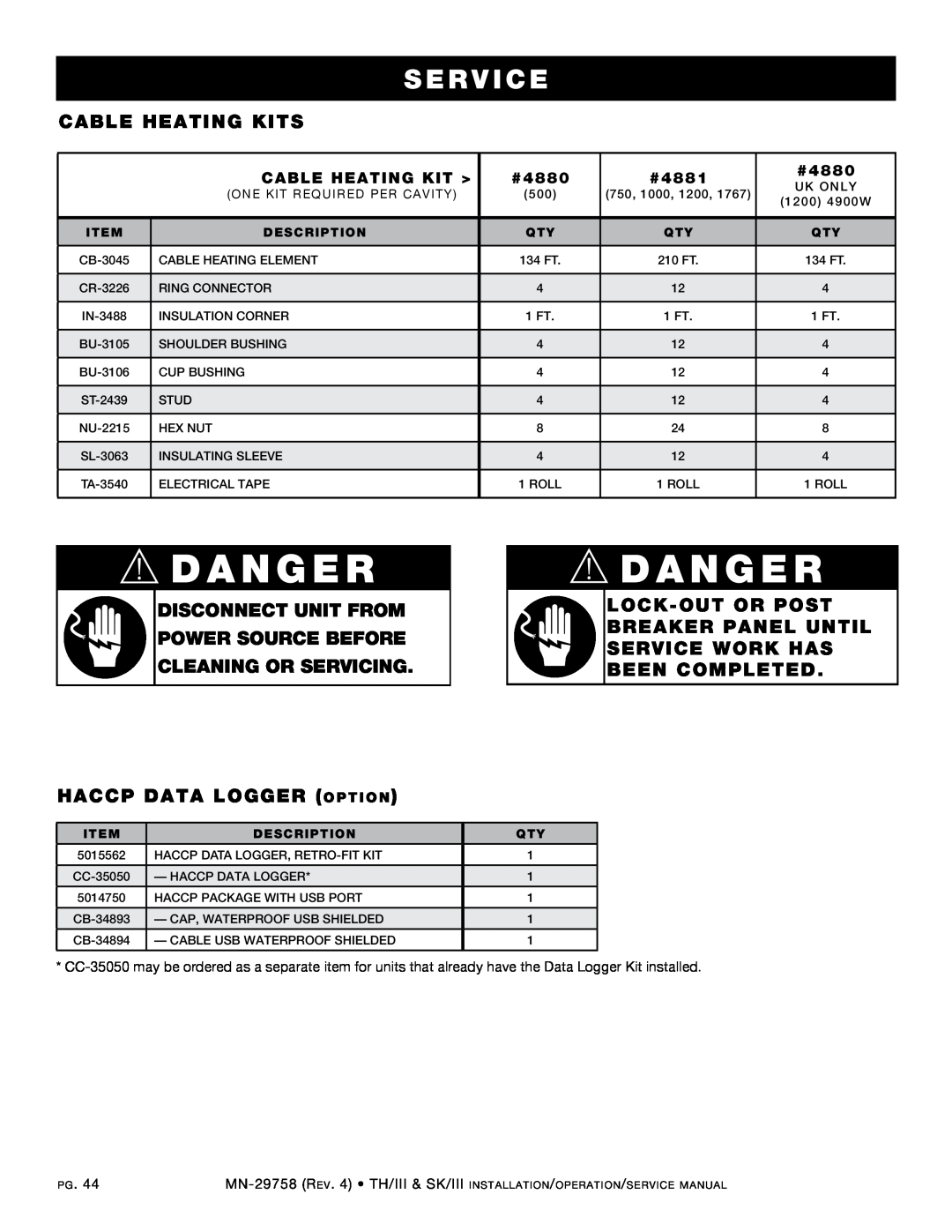 Alto-Shaam 300-TH/III, 1000-TH/III manual dANgER, Se r v ice, Cable Heating Kits, dIScONNEcT UNIT FROM pOwER SOURcE BEFORE 