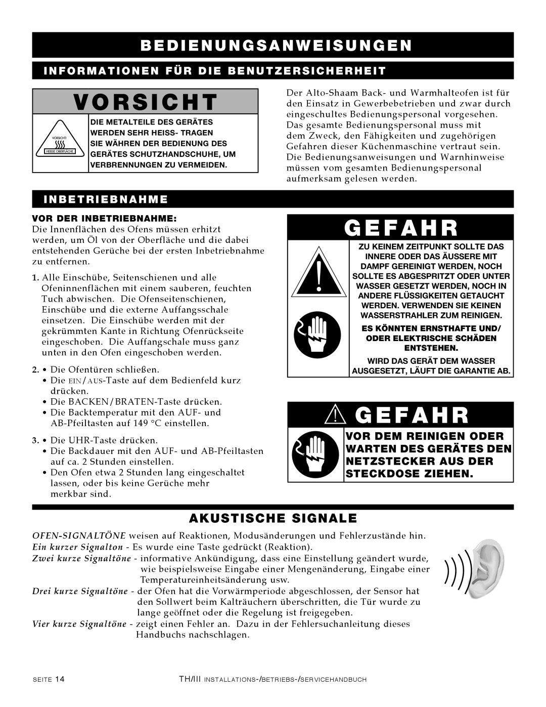 Alto-Shaam 1000-TH/III, 500-TH/III, 750-TH/III, 1200-TH/III manual Akustische Signale, Inbetriebnahme 