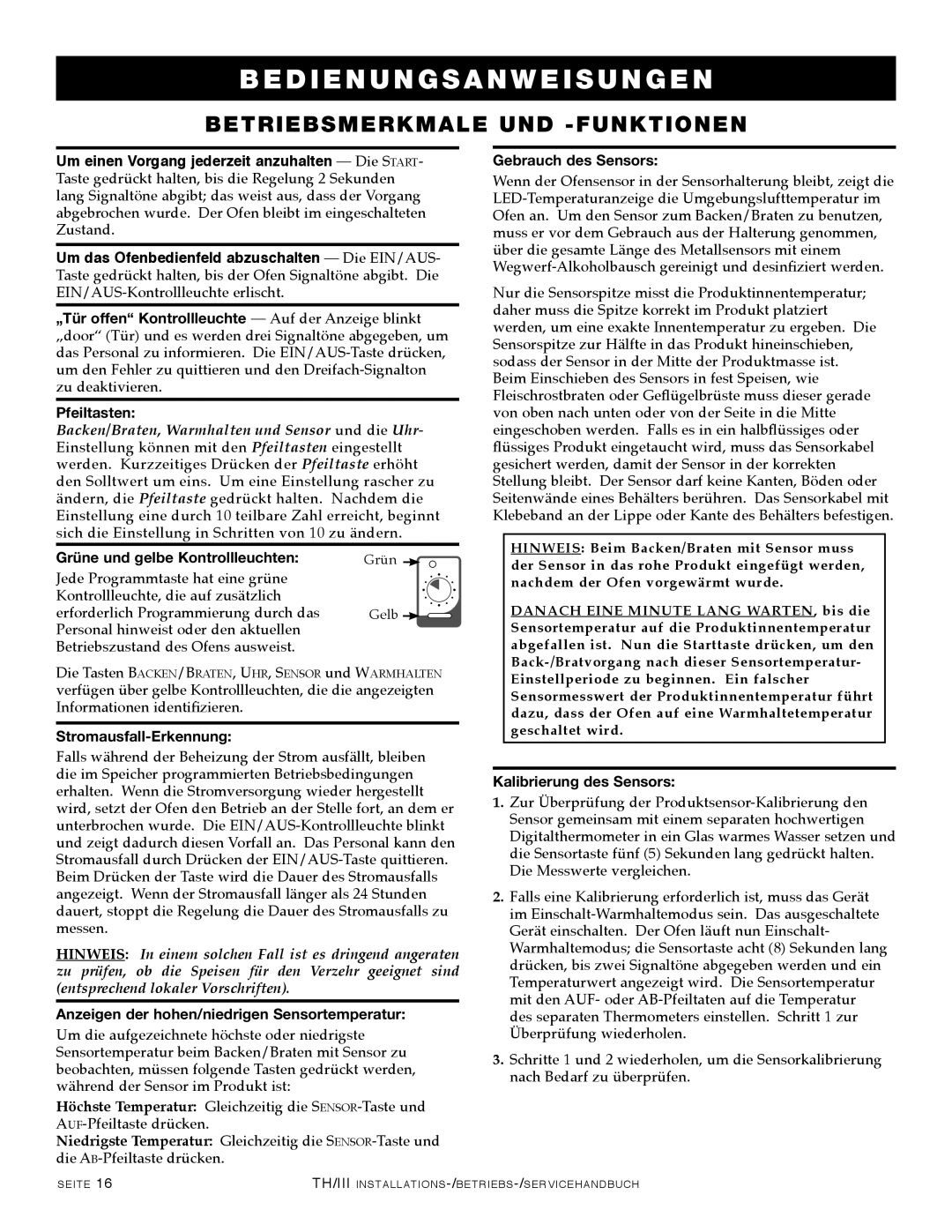 Alto-Shaam 750-TH/III, 1000-TH/III, 500-TH/III, 1200-TH/III manual Betriebsmerkmale UND -FUNKTIONEN, Pfeiltasten 